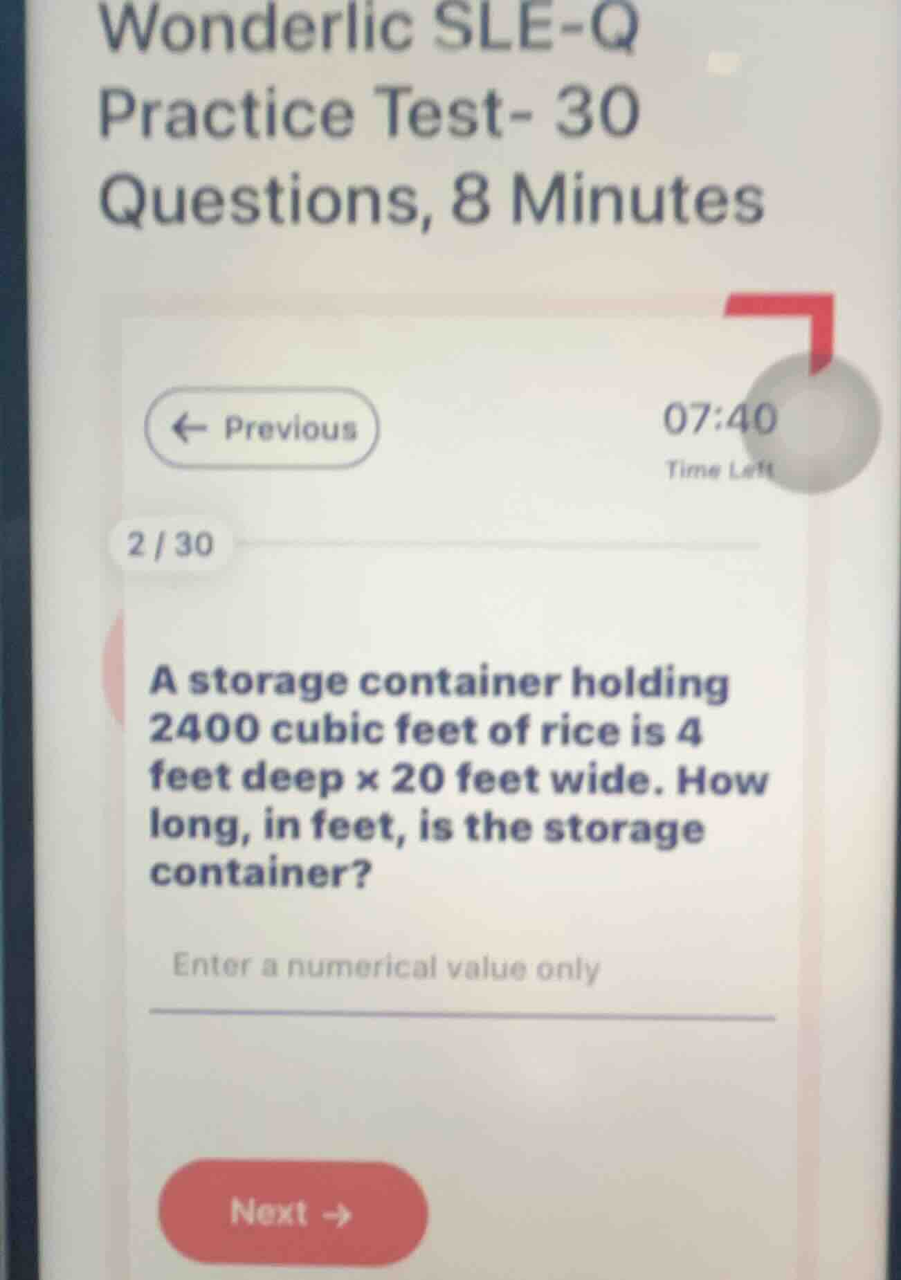 a storage container holding 2400 cubic feet of rice is 4 feet deep \\(\…