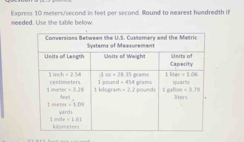 express 10 meters/second in feet per second. round to nearest hundredth…