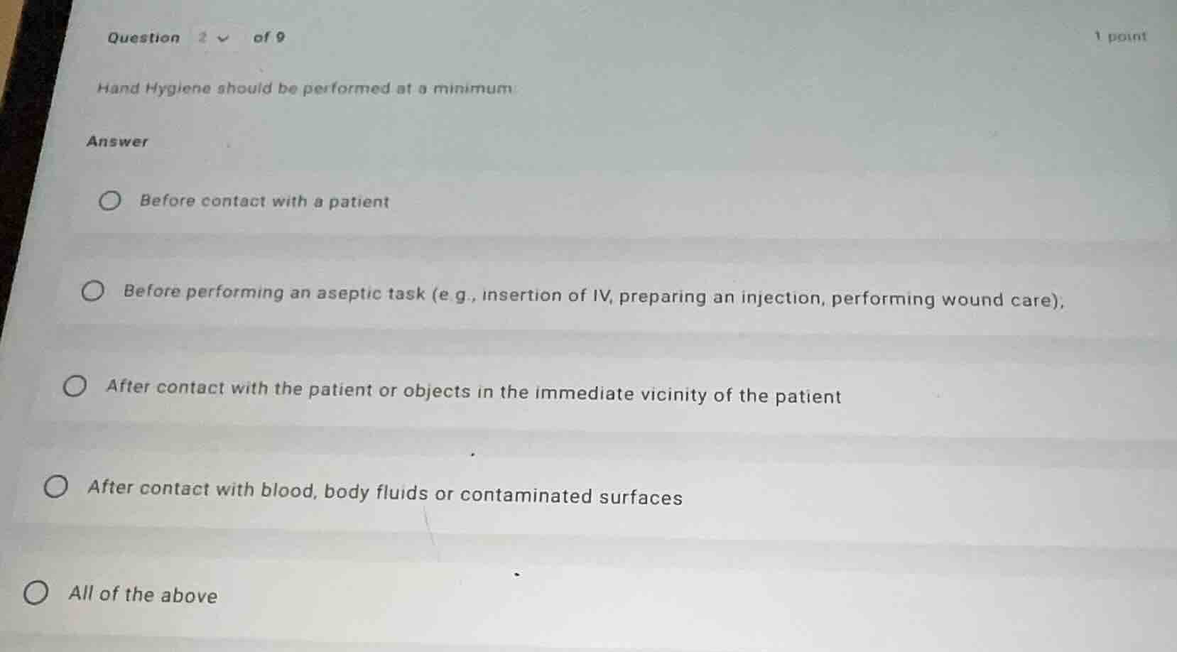 hand hygiene should be performed at a minimum: answer before contact wi…