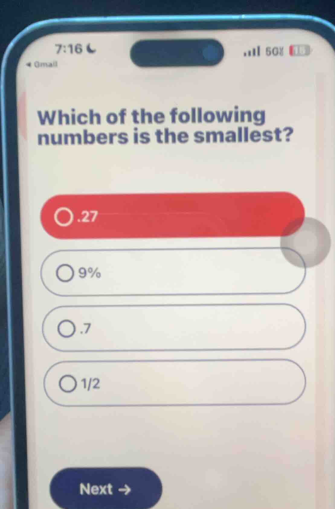 which of the following numbers is the smallest? .27 9% .7 1/2