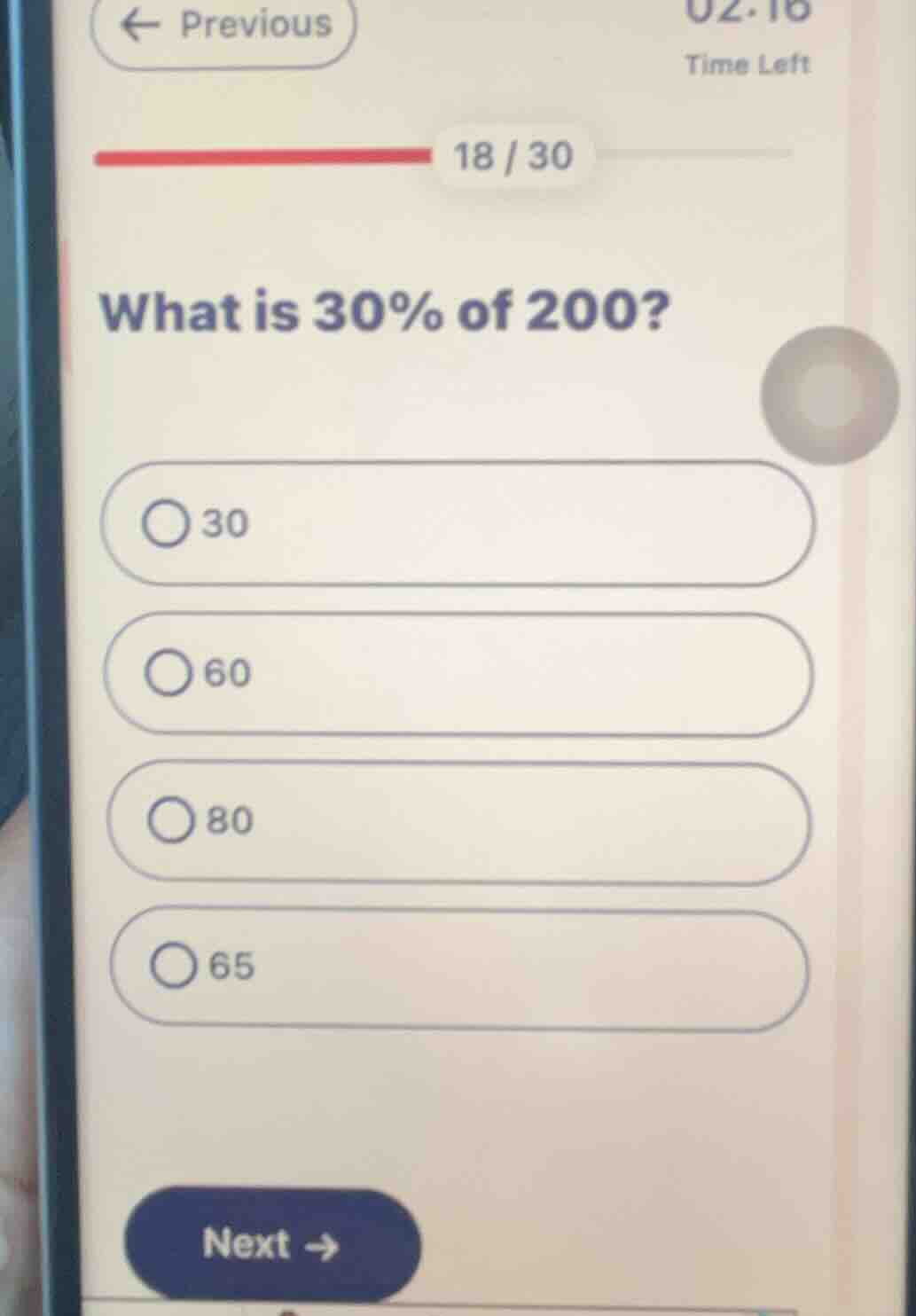 what is 30% of 200? 30 60 80 65