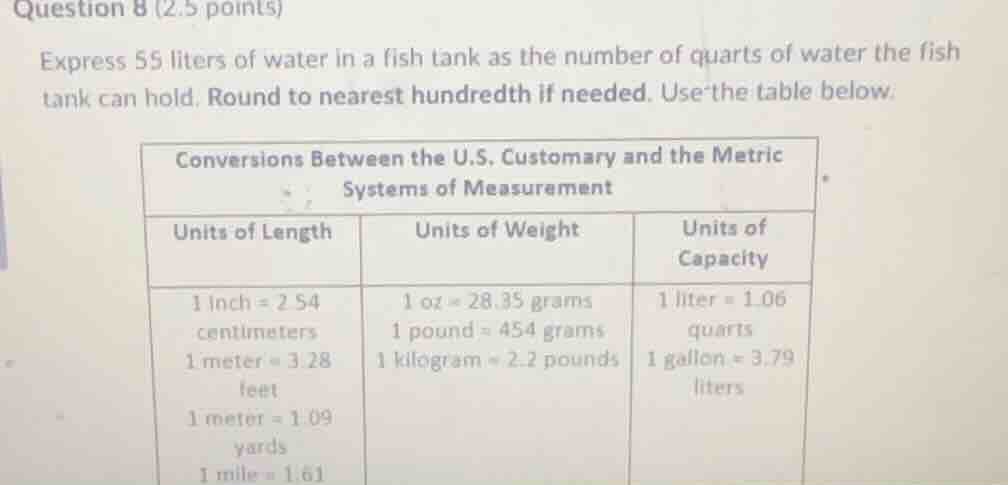 question 8 (2.5 points) express 55 liters of water in a fish tank as th…