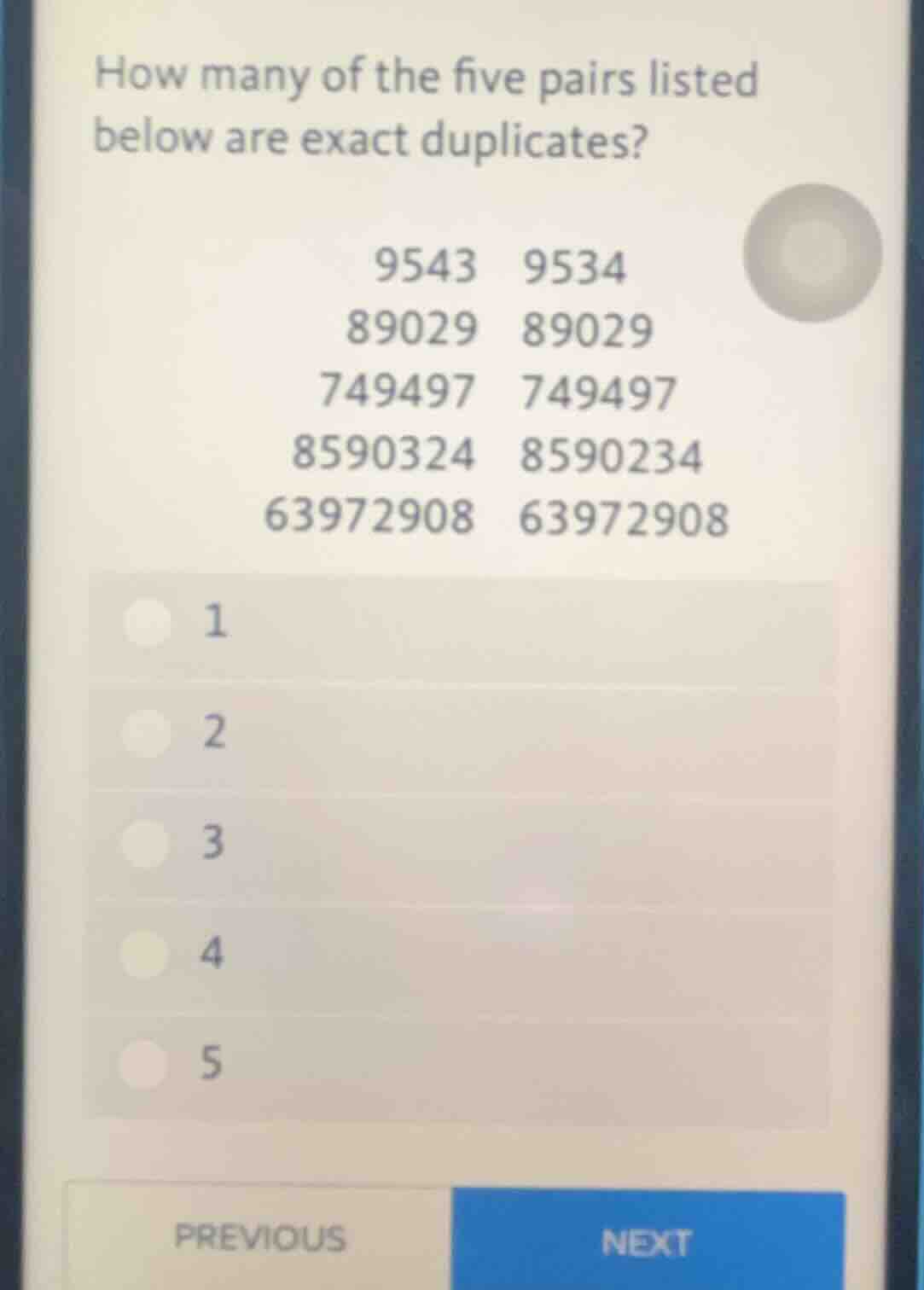 how many of the five pairs listed below are exact duplicates? 9543 9534…