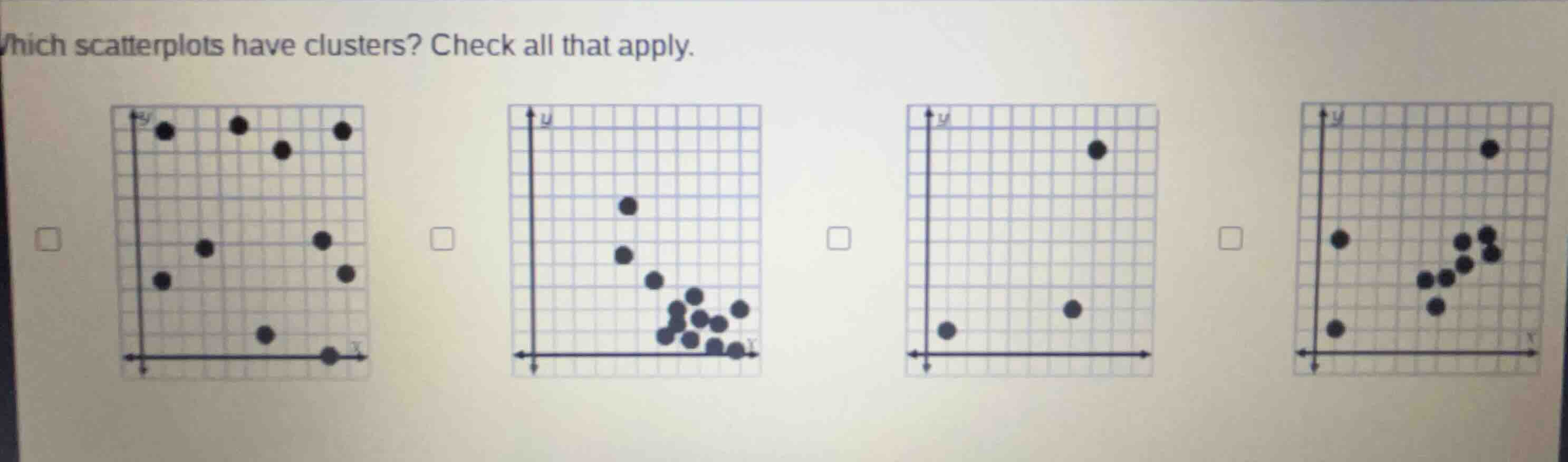which scatterplots have clusters? check all that apply.