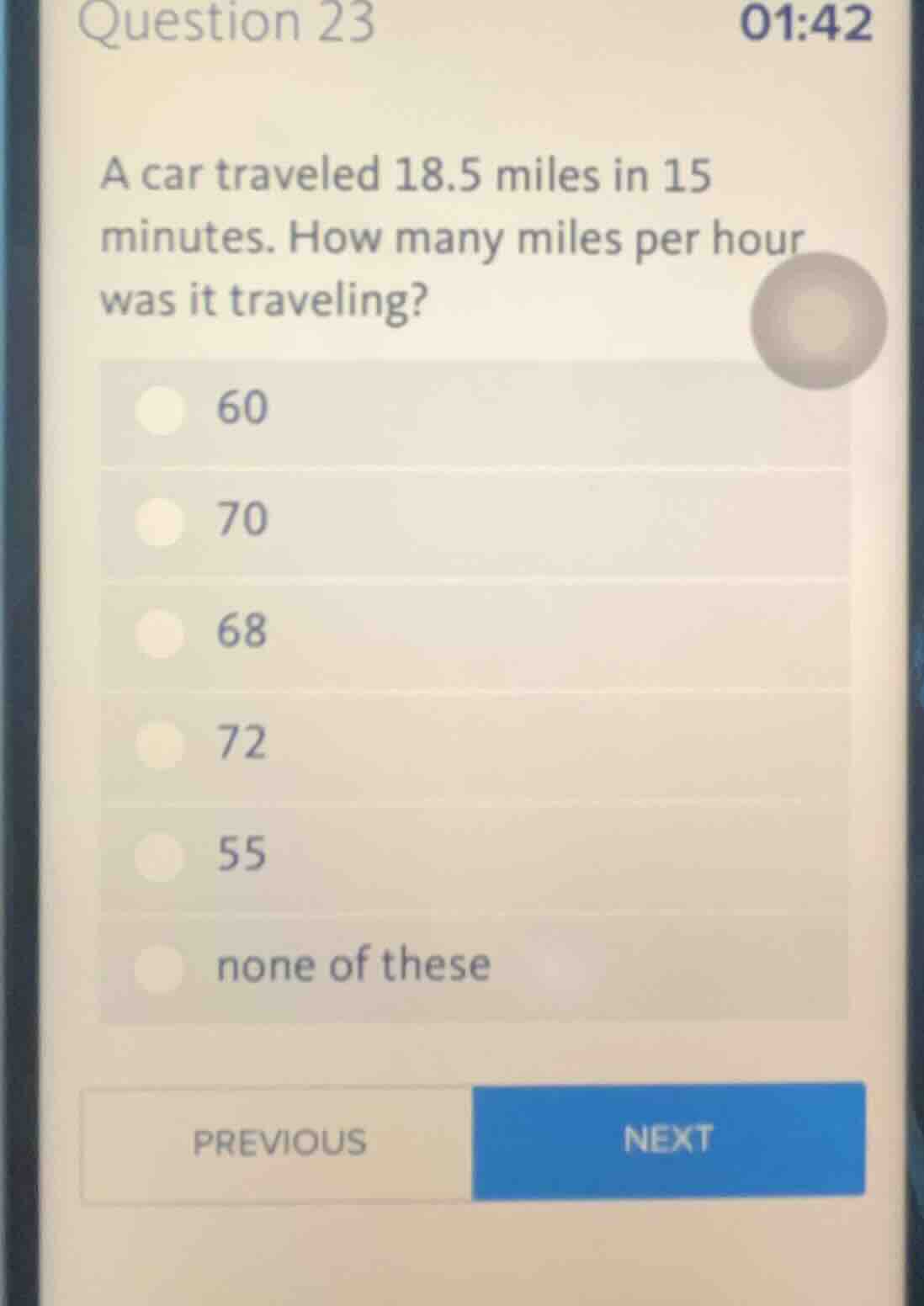 question 23 a car traveled 18.5 miles in 15 minutes. how many miles per…