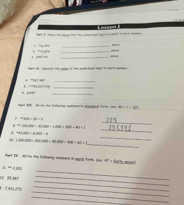 lesson 1 part i. name the place that the underlined digit occupies in e…