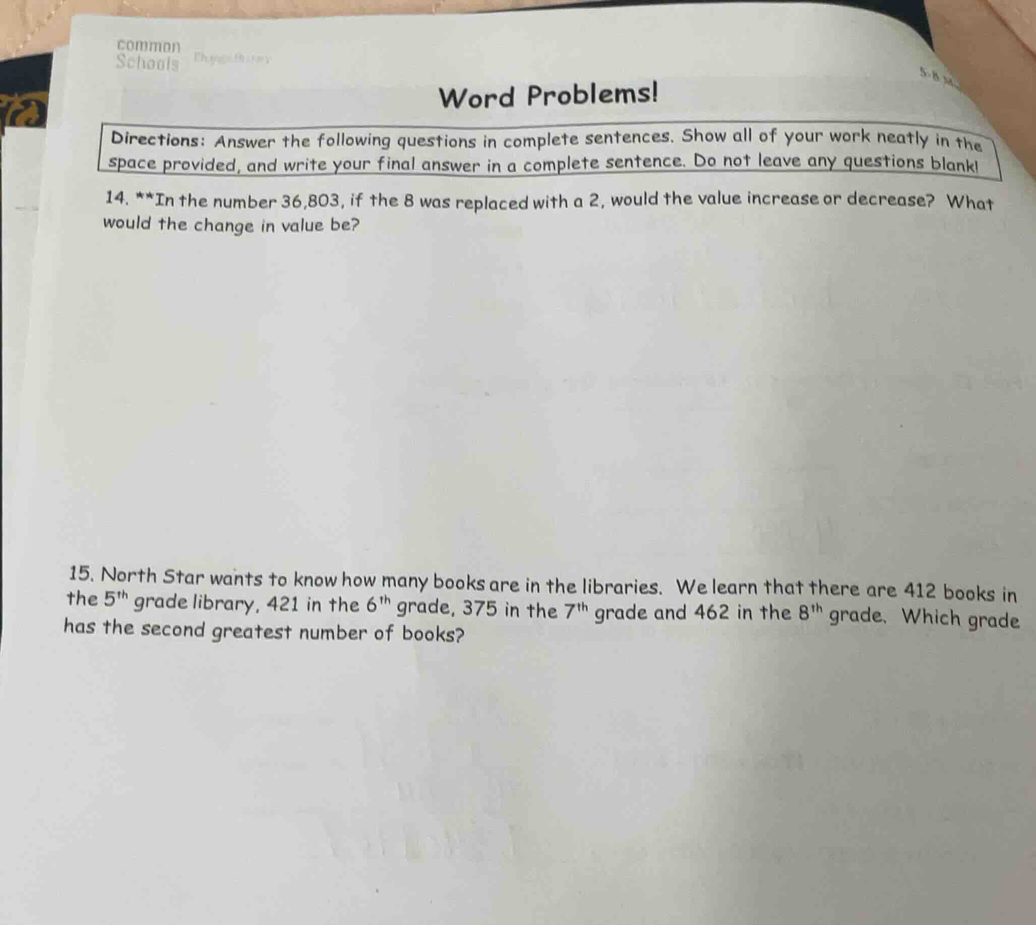 word problems! directions: answer the following questions in complete s…
