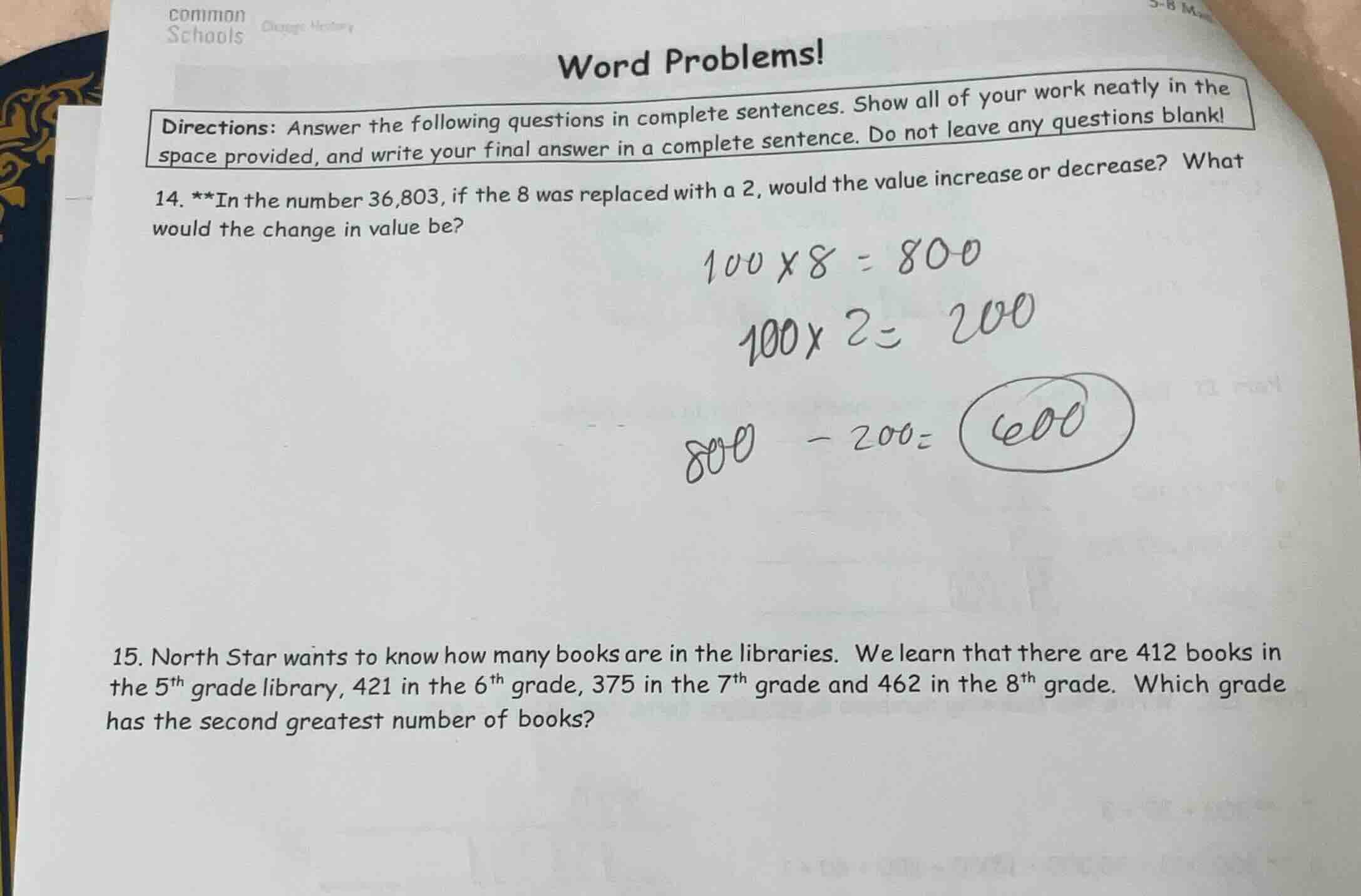 word problems! directions: answer the following questions in complete s…