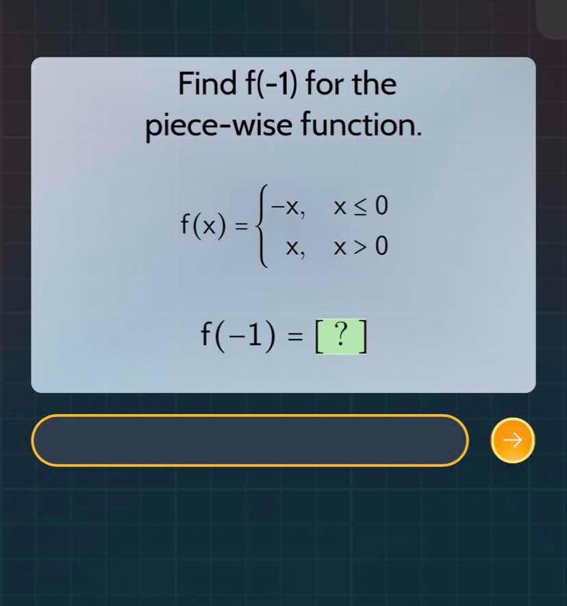 find f(-1) for the piece-wise function. \\f(x) = \\begin{cases} -x, & x…