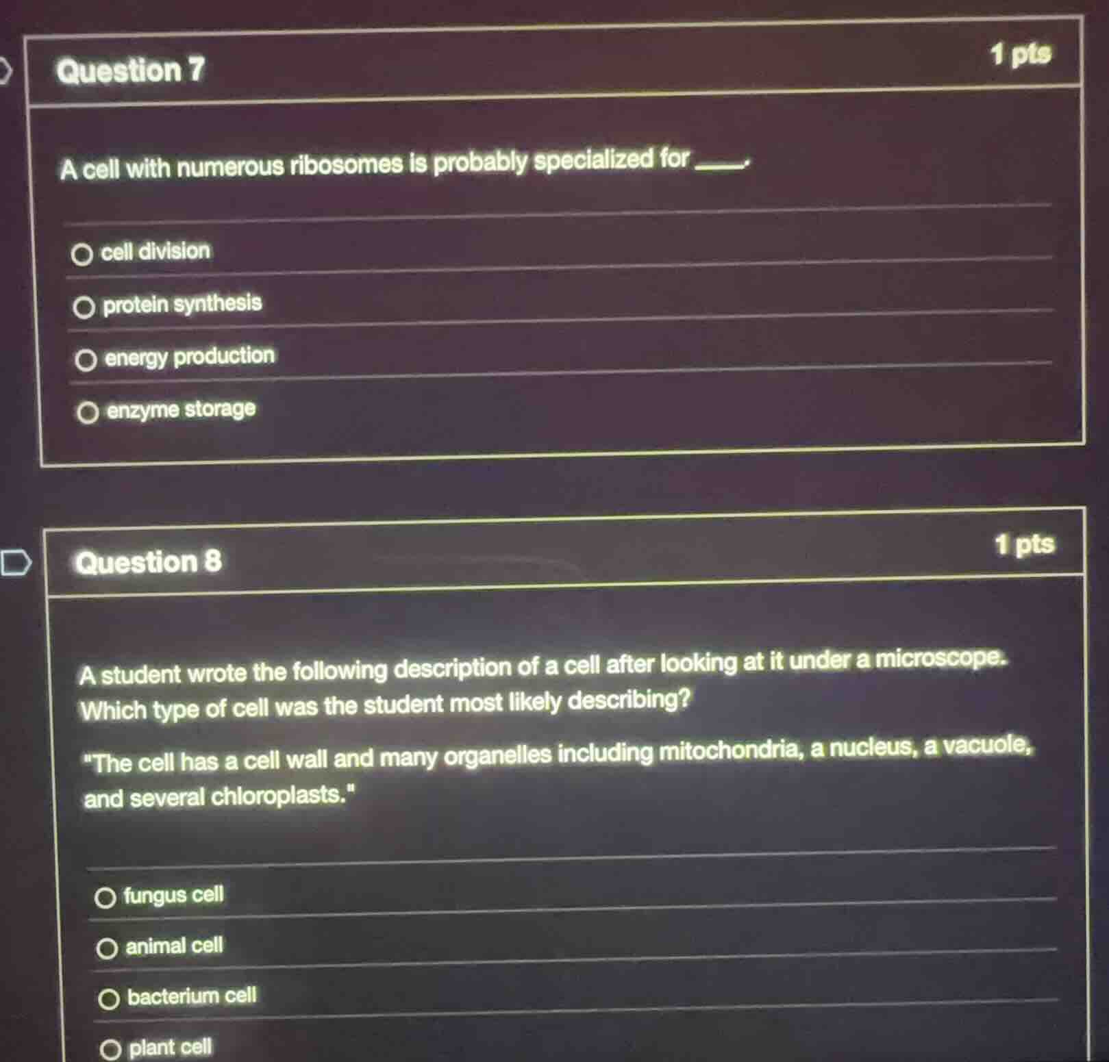 question 7 1 pts a cell with numerous ribosomes is probably specialized…