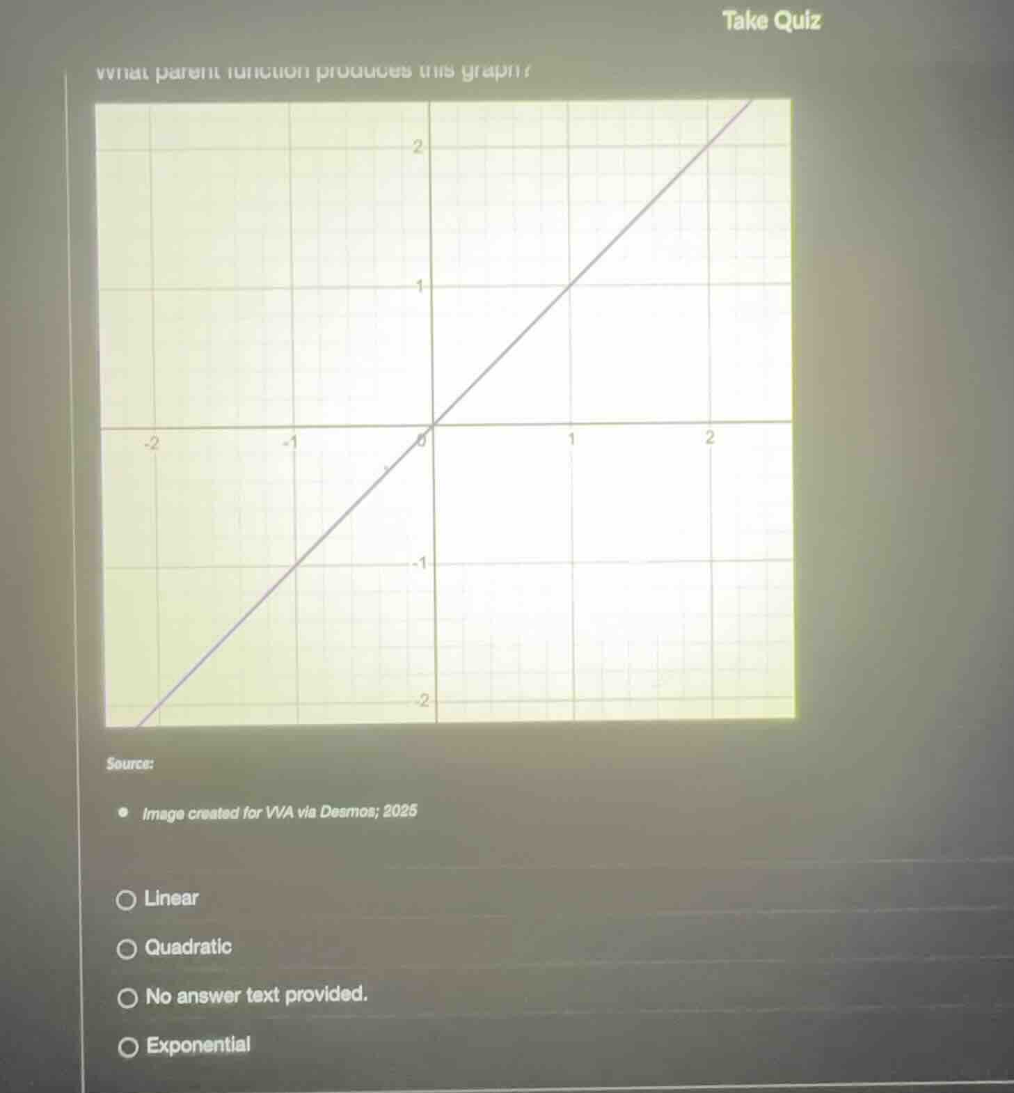 what parent function produces this graph? linear quadratic no answer te…