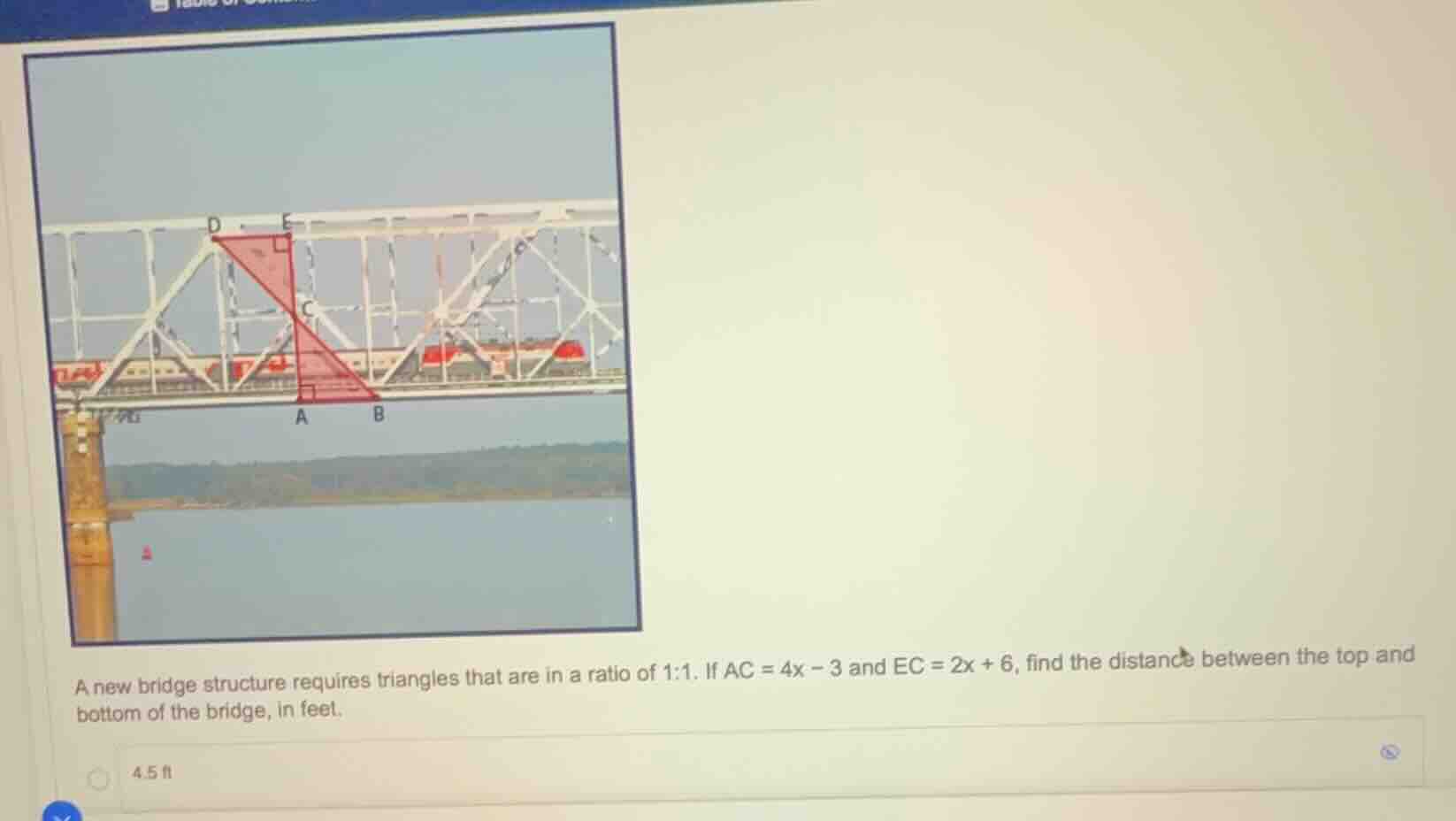 a new bridge structure requires triangles that are in a ratio of 1:1. i…