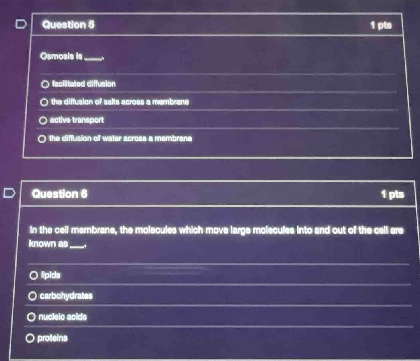 question 5 1 pts osmosis is ___. - facilitated diffusion - the diffusio…