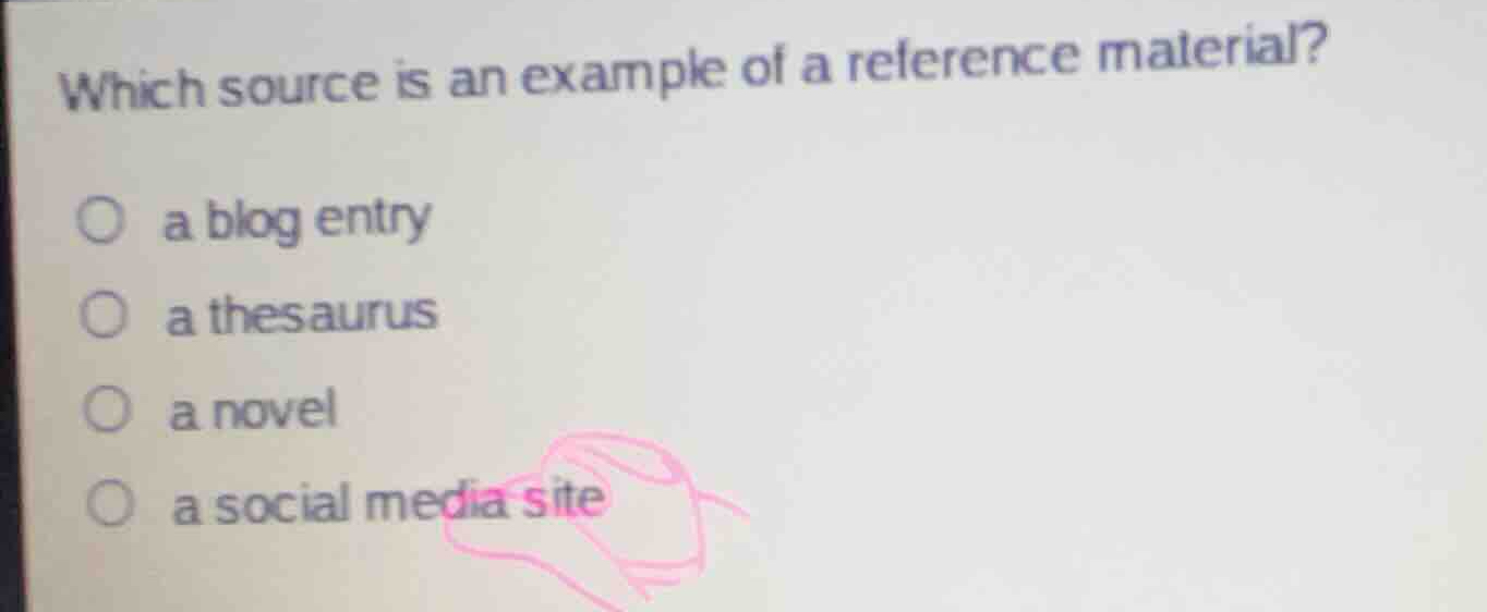 which source is an example of a reference material? a blog entry a thes…