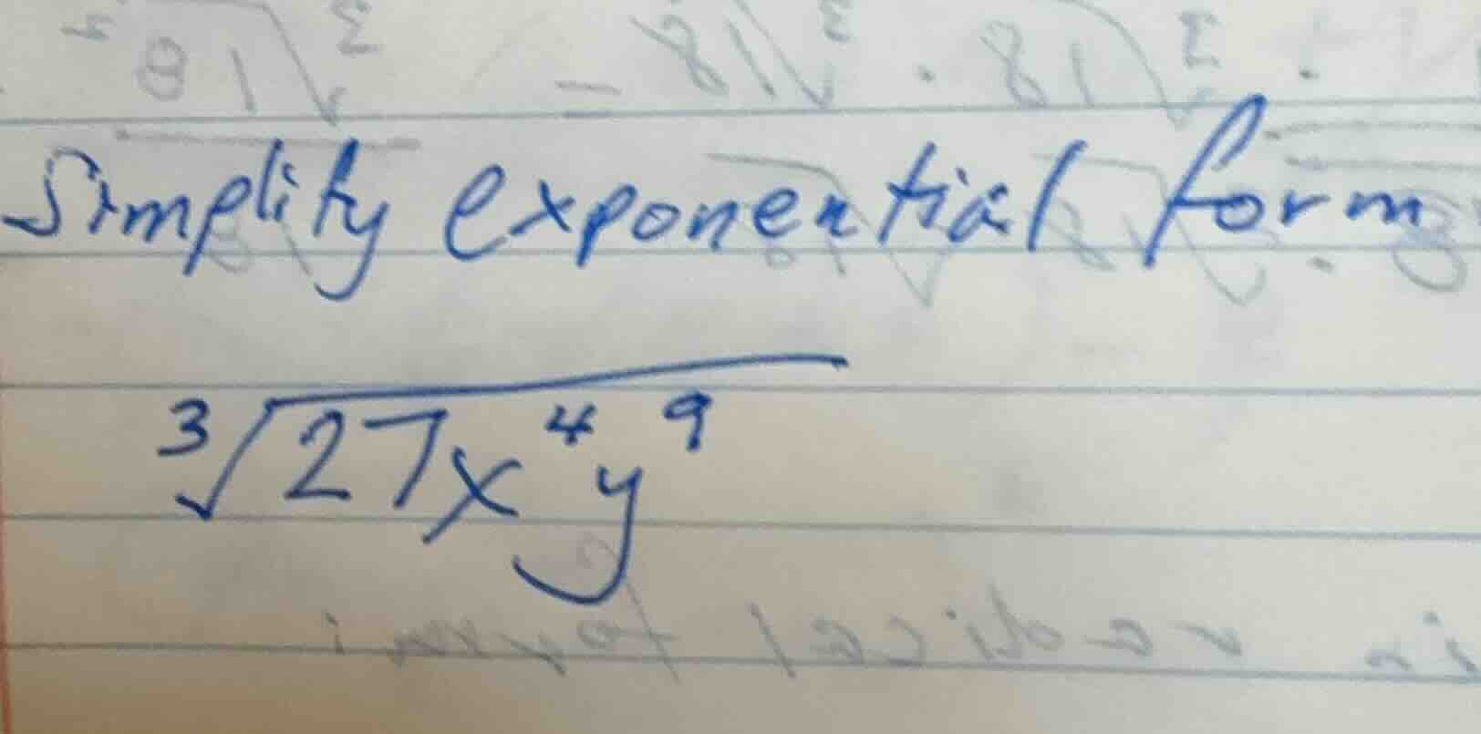 simplify exponential form \\\\sqrt3{27x^4y^9}\\