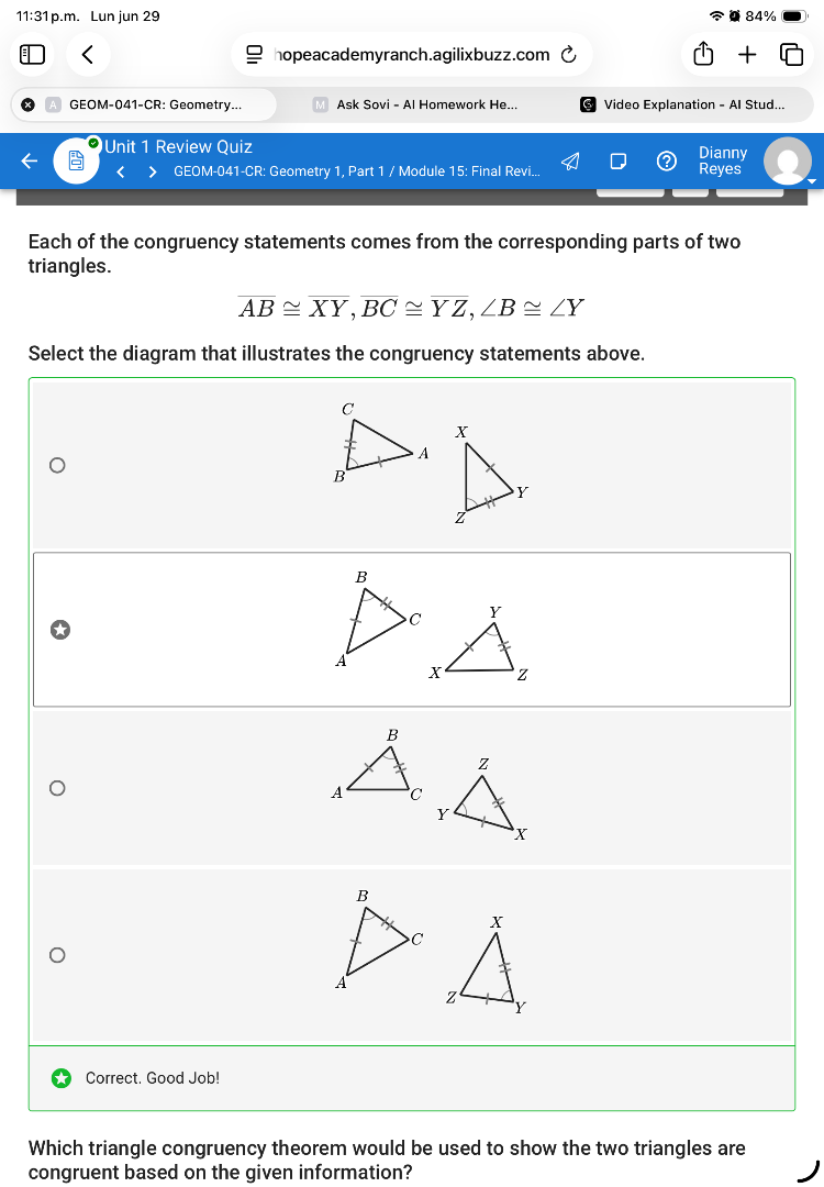 each of the congruency statements comes from the corresponding parts of…