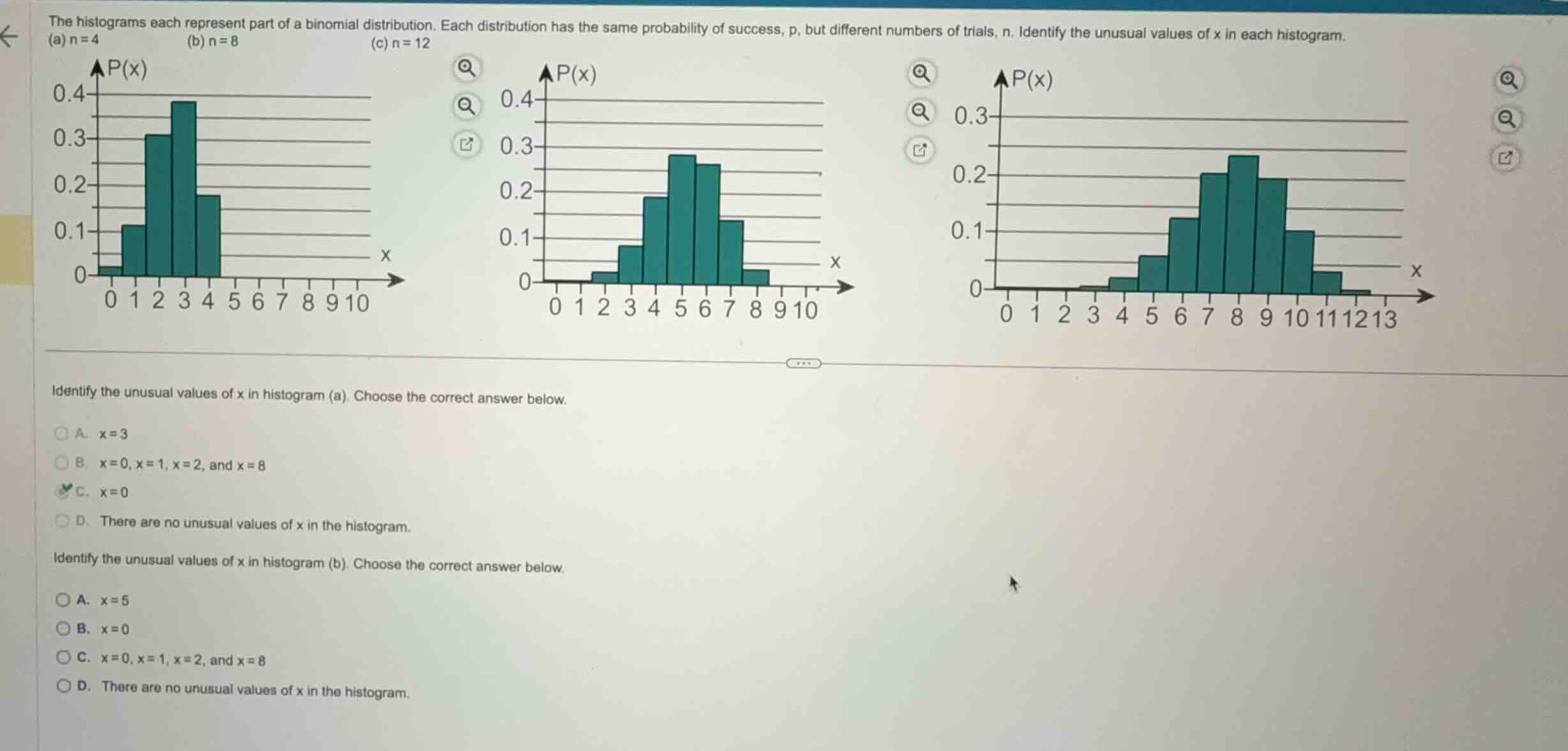 the histograms each represent part of a binomial distribution. each dis…