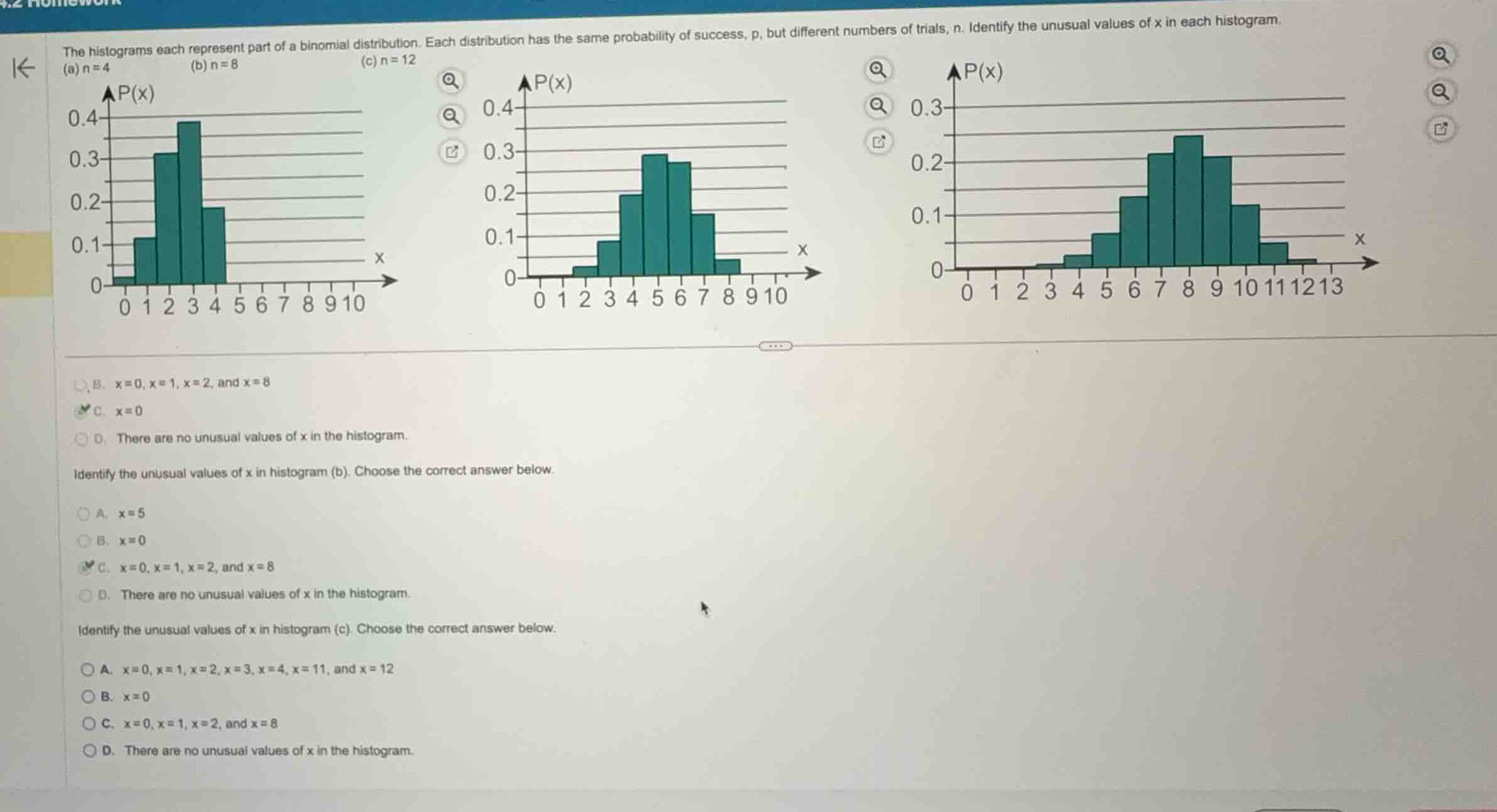 the histograms each represent part of a binomial distribution. each dis…