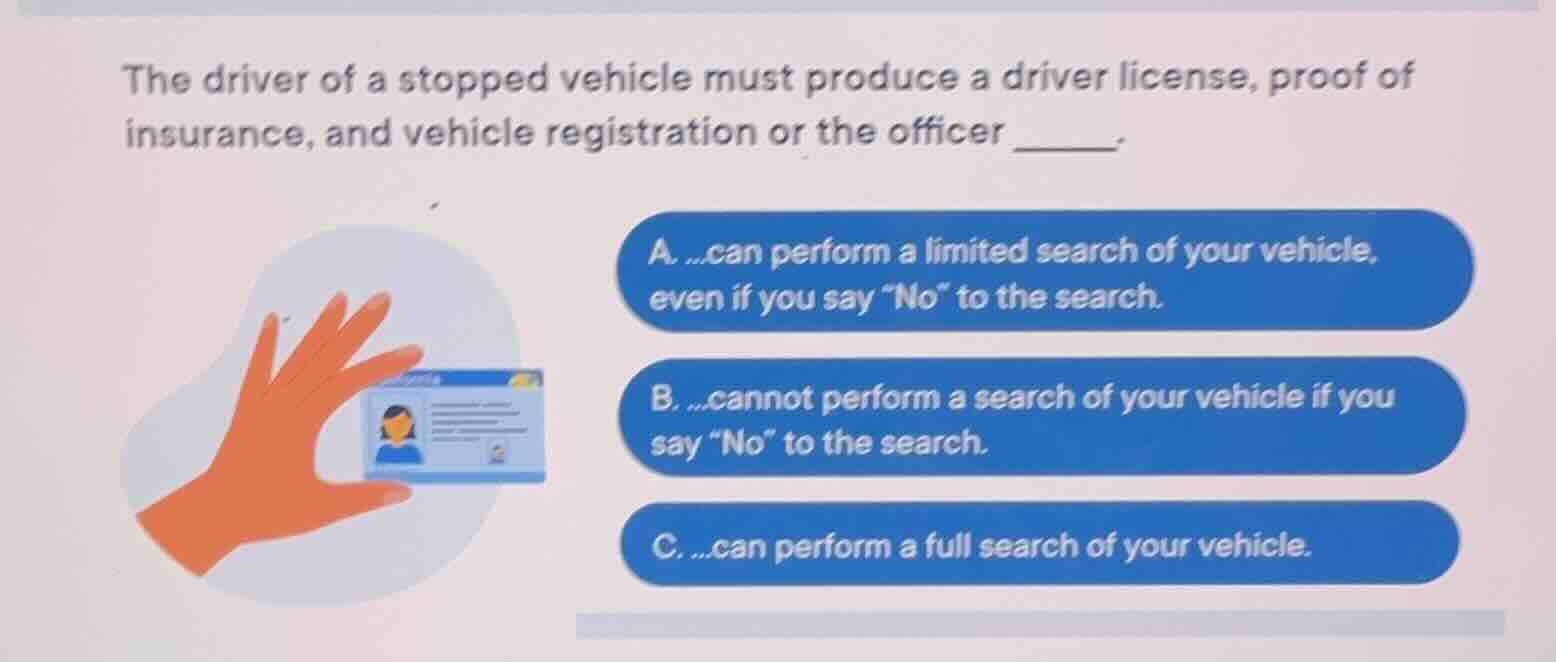 the driver of a stopped vehicle must produce a driver license, proof of…