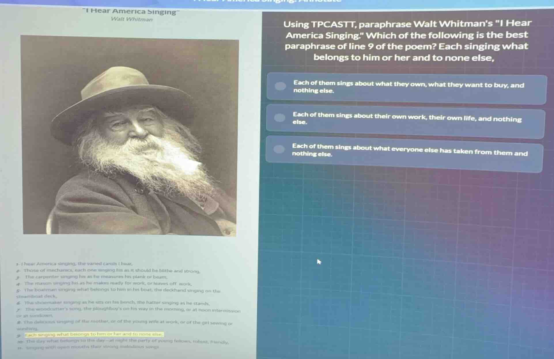 using tpcastt, paraphrase walt whitmans \i hear america singing.\ which…