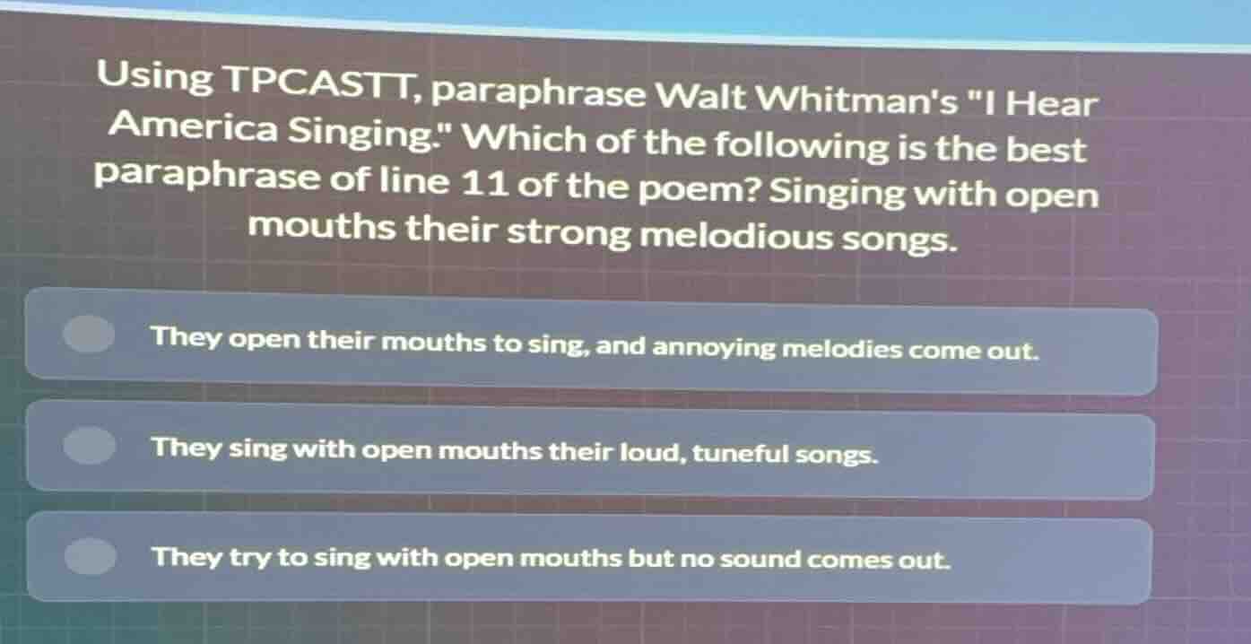 using tpcastt, paraphrase walt whitmans \i hear america singing.\ which…