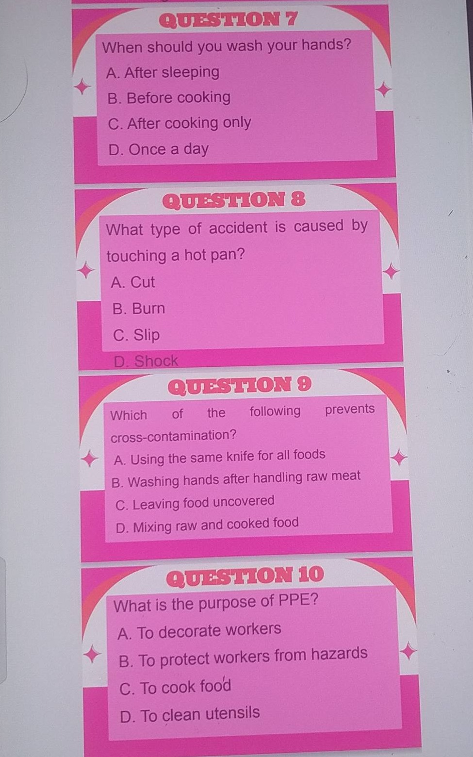 question 7 when should you wash your hands? a. after sleeping b. before…
