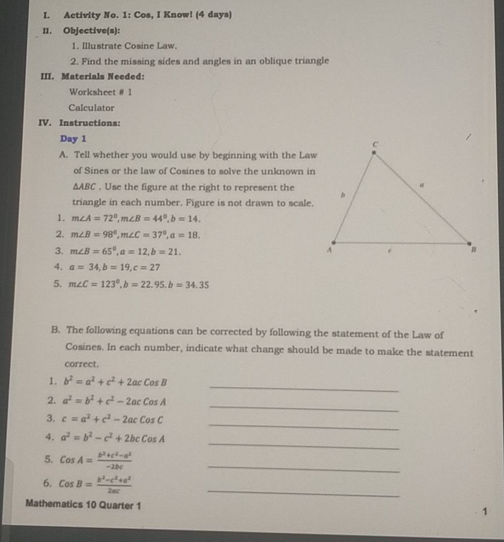 i. activity no. 1: cos, i know! (4 days) ii. objective(s): 1. illustrat…