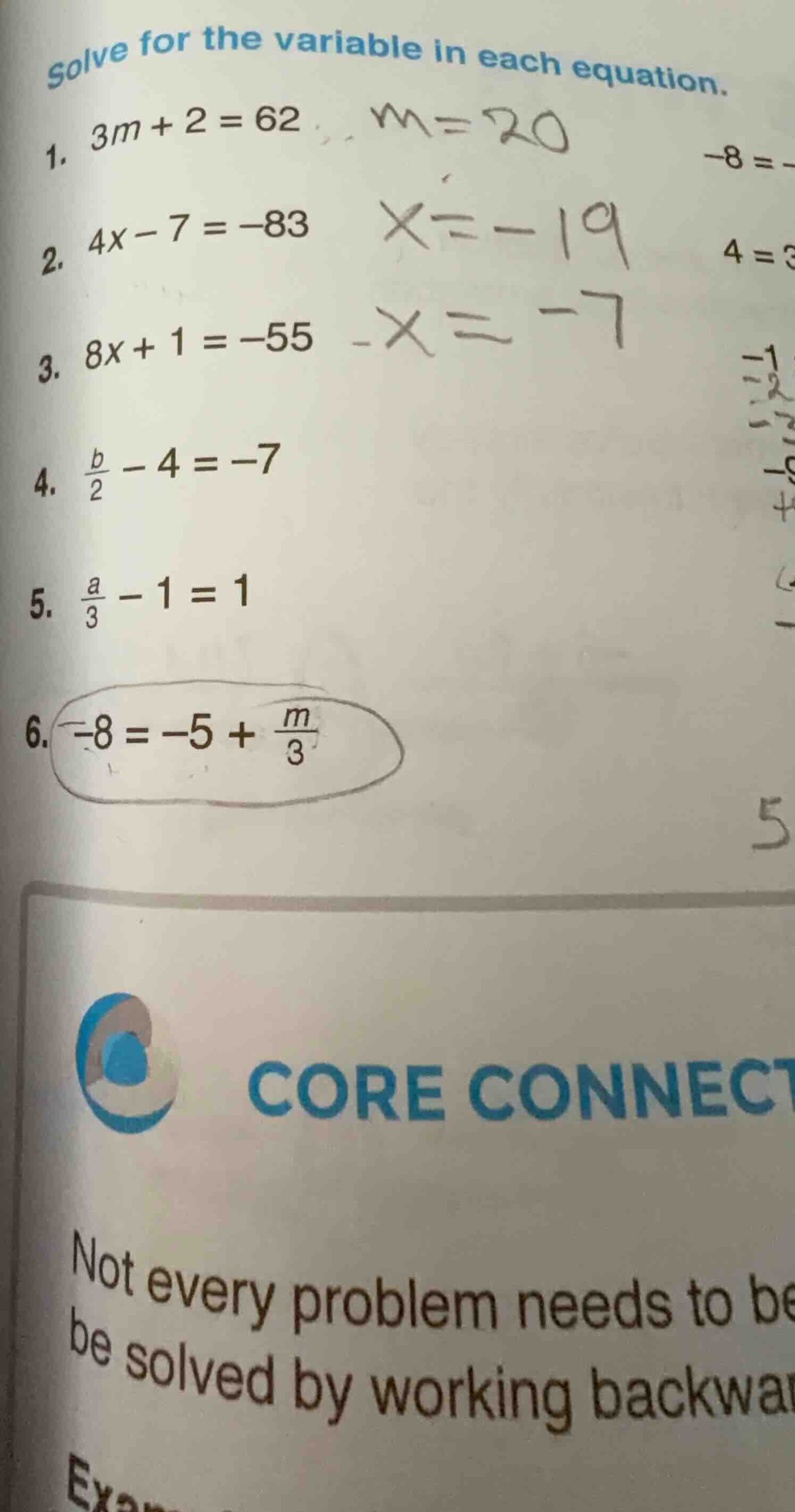 solve for the variable in each equation. 1. \\(3m + 2 = 62\\) 2. \\(4x …