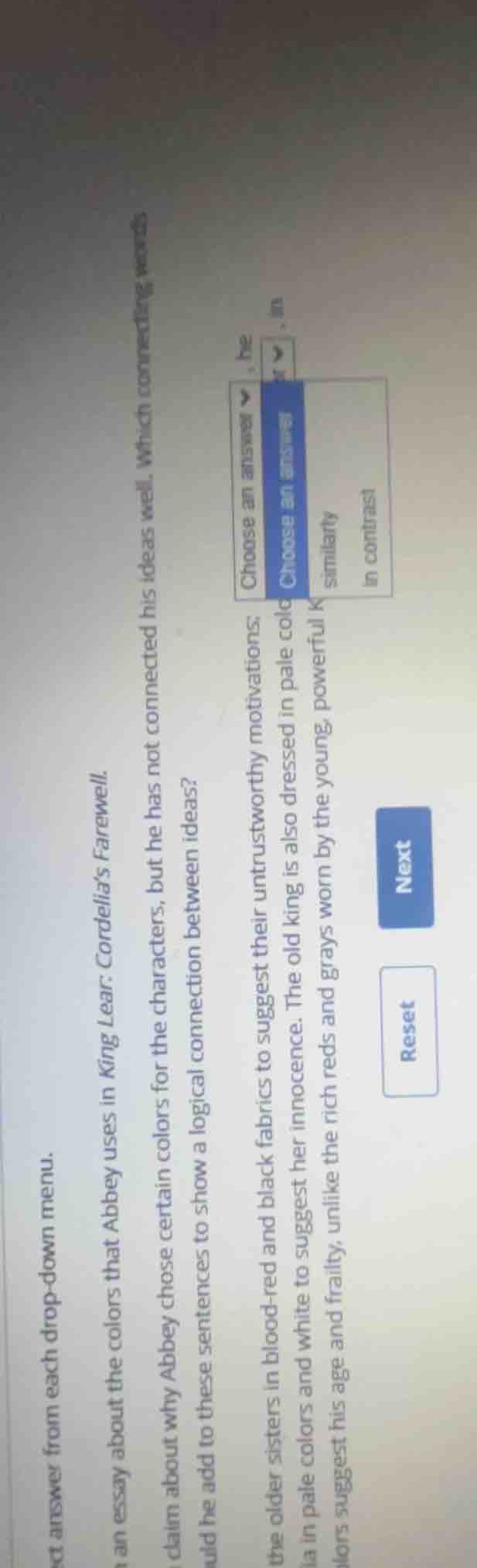 select answer from each drop-down menu. in an essay about the colors th…