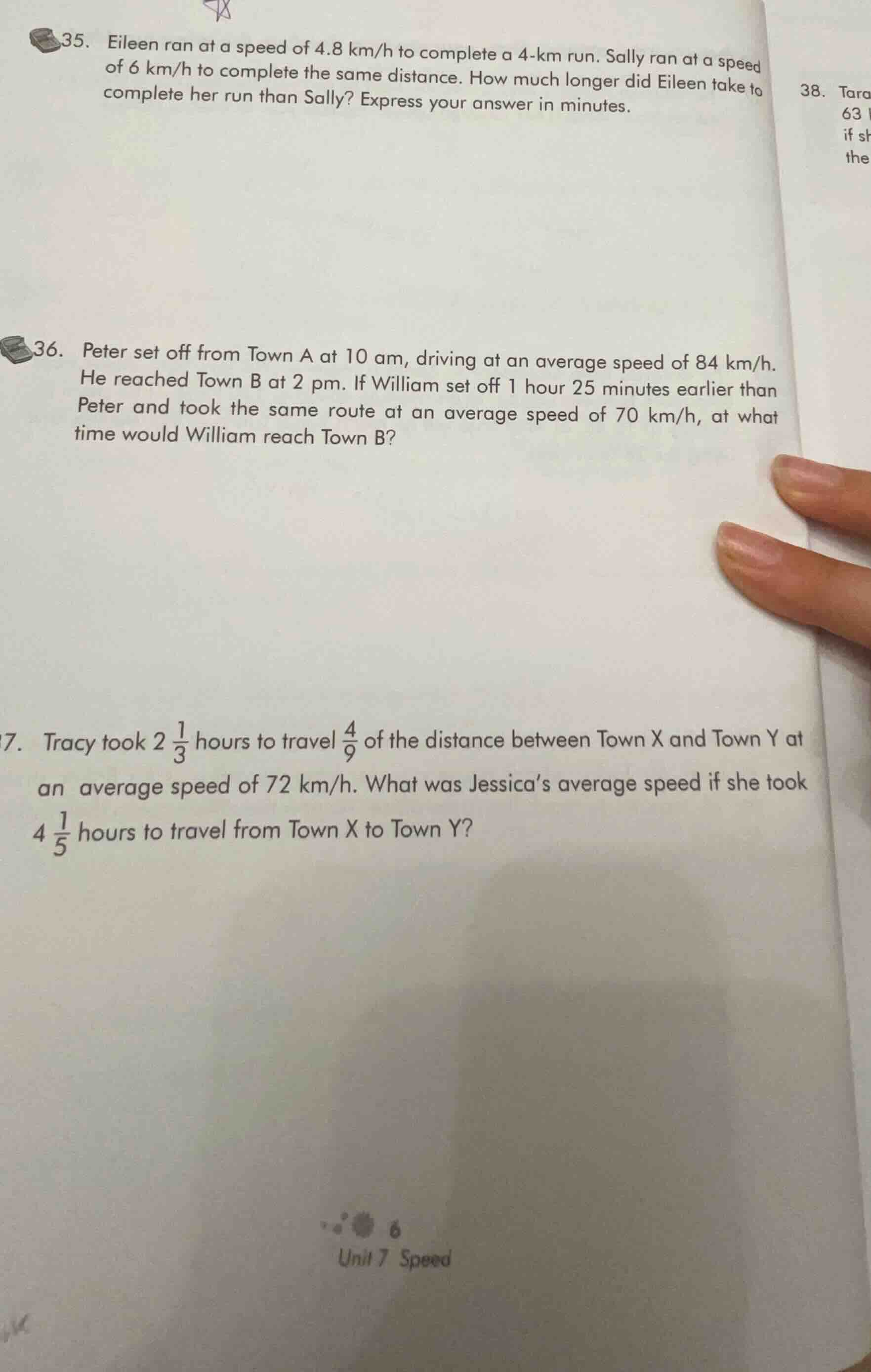 35. eileen ran at a speed of 4.8 km/h to complete a 4-km run. sally ran…