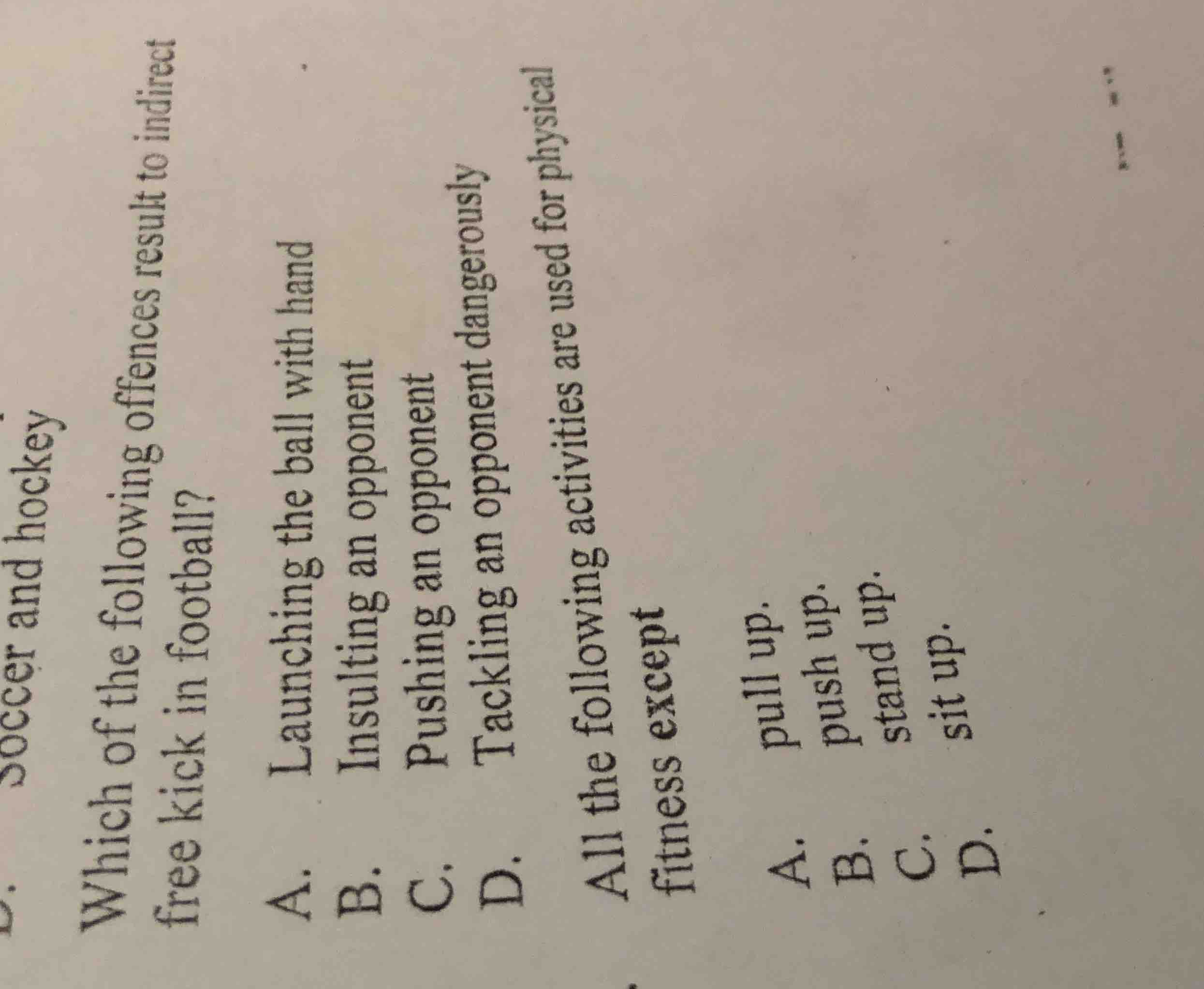 which of the following offences result to indirect free kick in footbal…