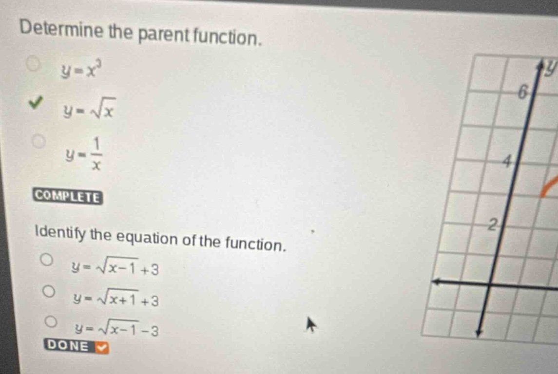 determine the parent function. \\( y = x^3 \\) \\( y = \\sqrt{x} \\) \\…