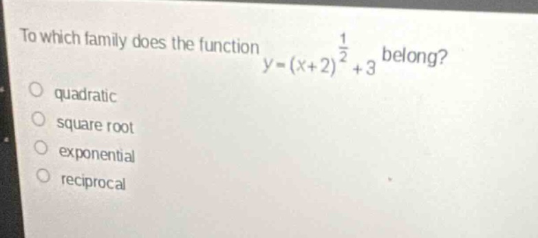 to which family does the function \\(y = (x+2)^{\\frac{1}{2}} + 3\\) be…