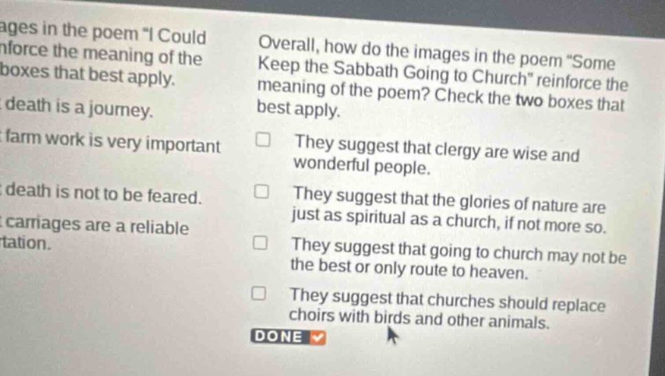 overall, how do the images in the poem \some keep the sabbath going to …