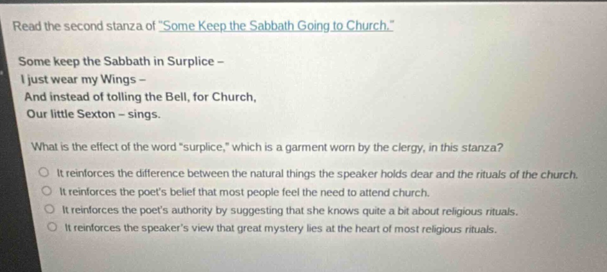 read the second stanza of \some keep the sabbath going to church.\ some…