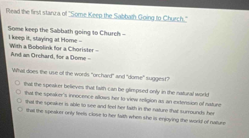 read the first stanza of \some keep the sabbath going to church.\ some …