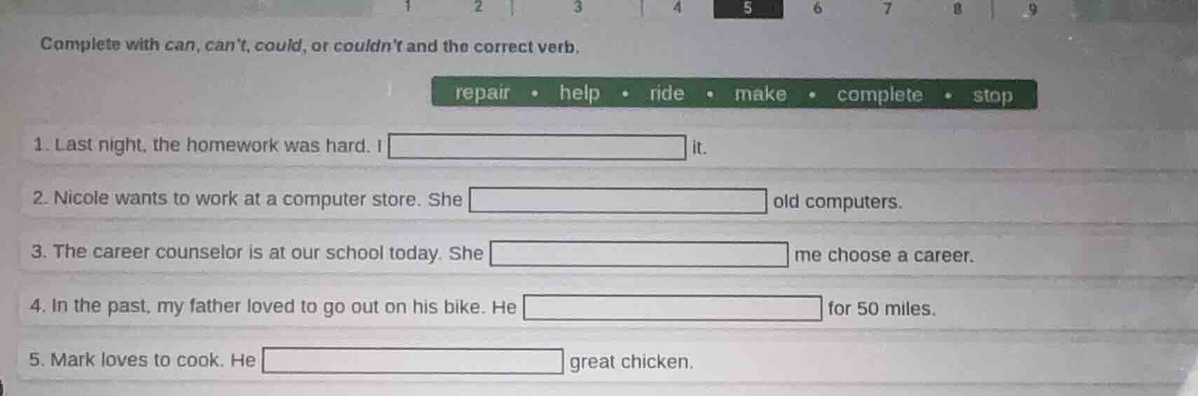 complete with can, cant, could, or couldnt and the correct verb. repair…