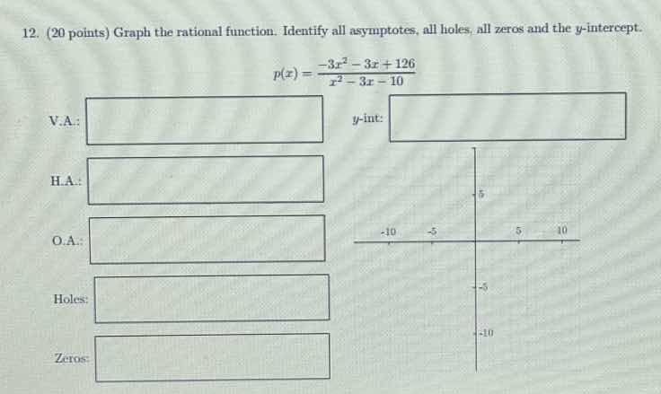 12. (20 points) graph the rational function. identify all asymptotes, a…