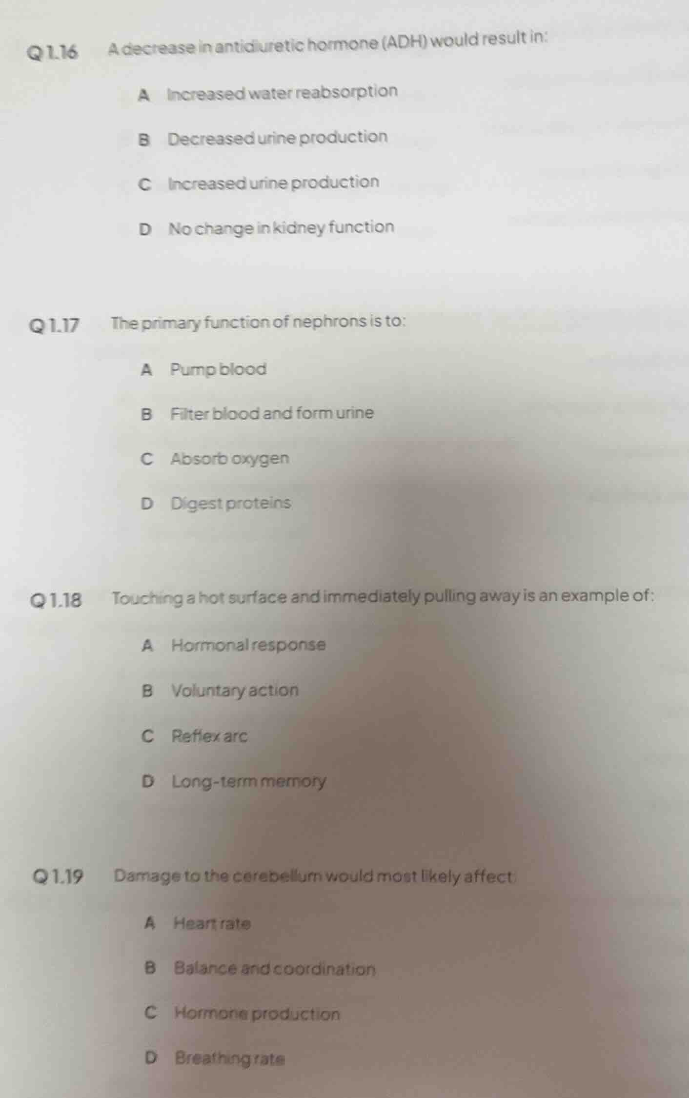 q 1.16 a decrease in antidiuretic hormone (adh) would result in: a incr…