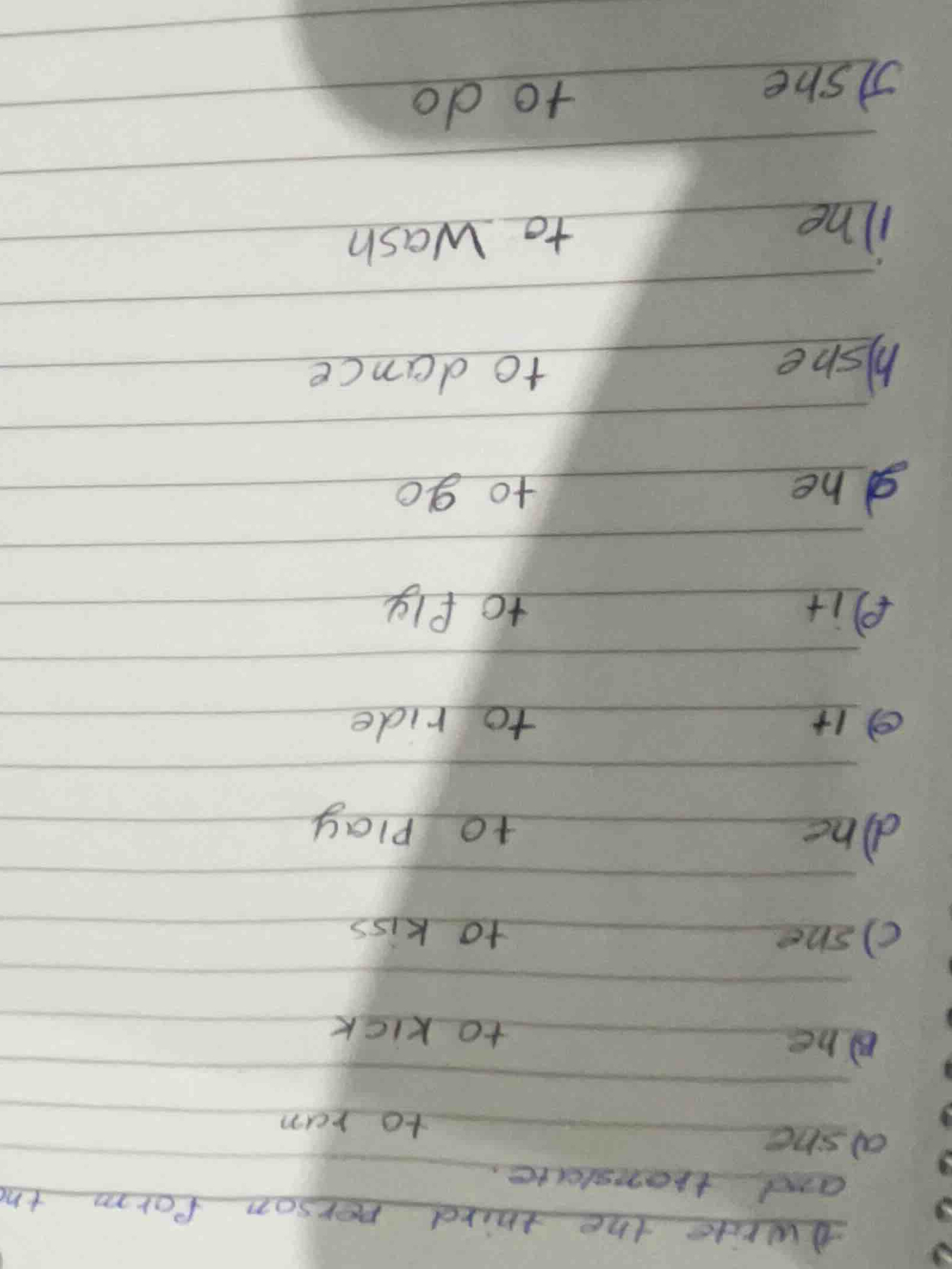 1) write the third person form the and translate. a) she to run b) he t…