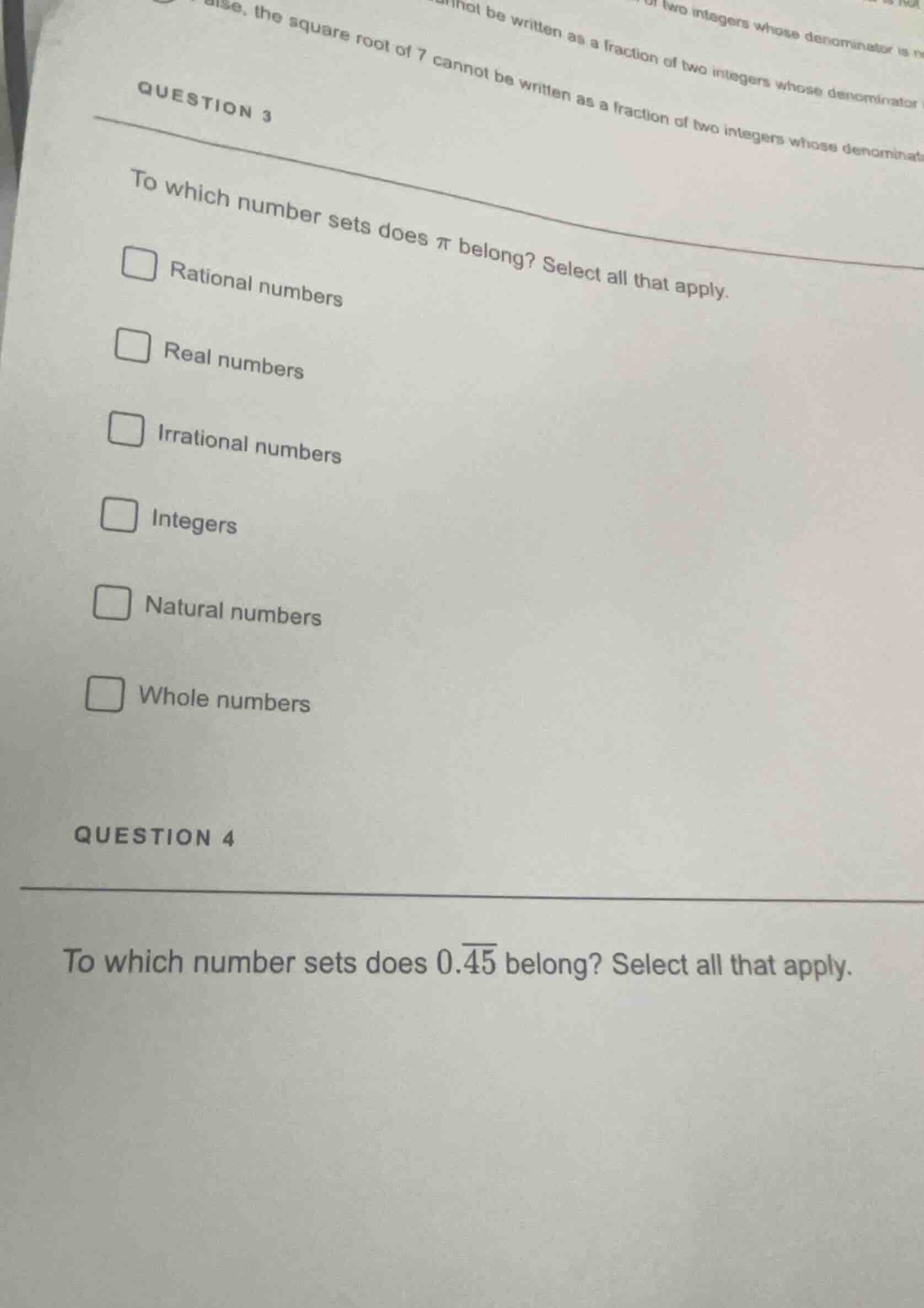 question 3 to which number sets does \\(\\pi\\) belong? select all that…