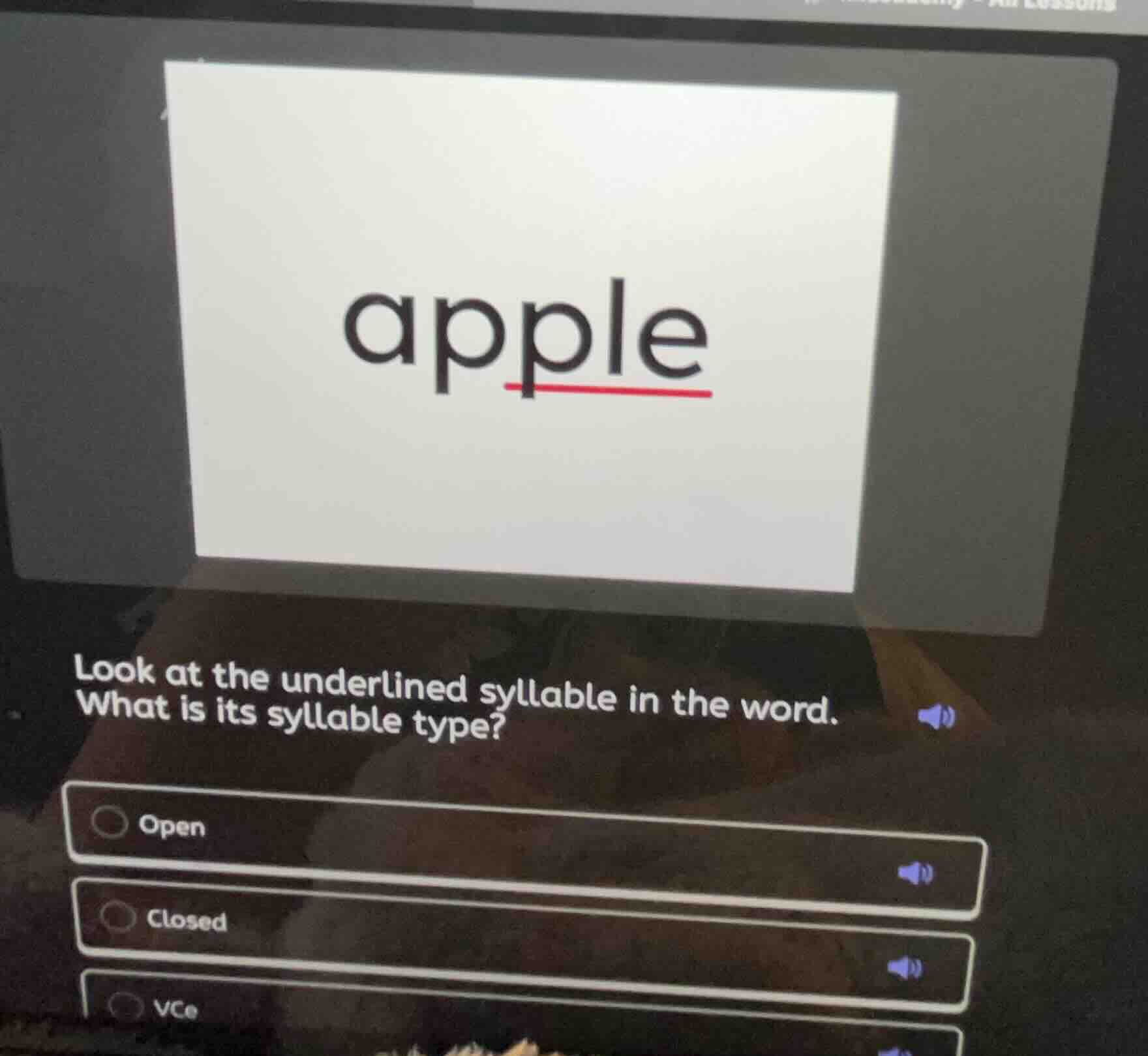 apple look at the underlined syllable in the word. what is its syllable…