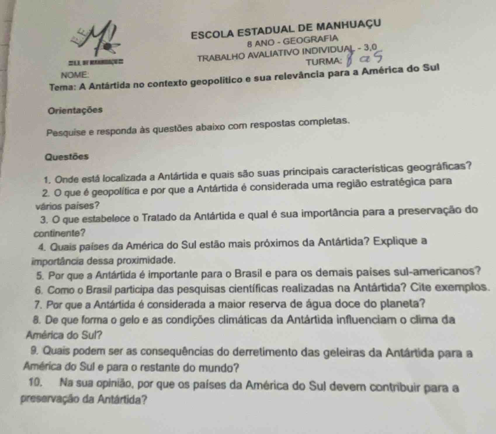 escola estadual de manhuaçu 8 ano - geografia trabalho avaliativo indiv…