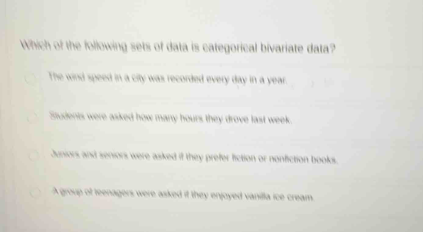 which of the following sets of data is categorical bivariate data? the …