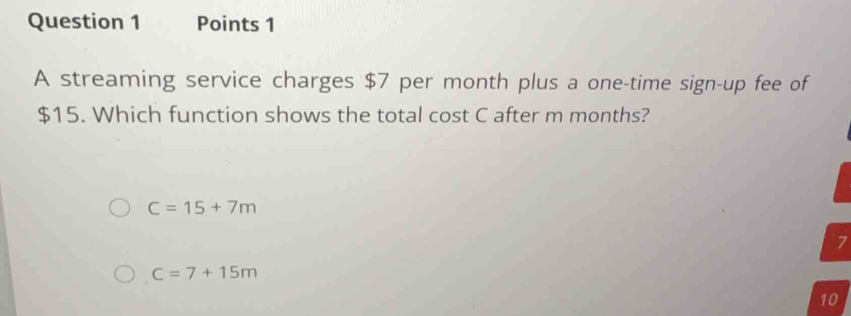 a streaming service charges $7 per month plus a one-time sign-up fee of…