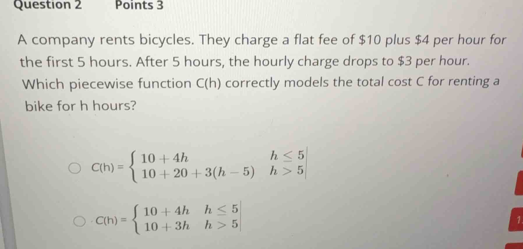 question 2 points 3 a company rents bicycles. they charge a flat fee of…