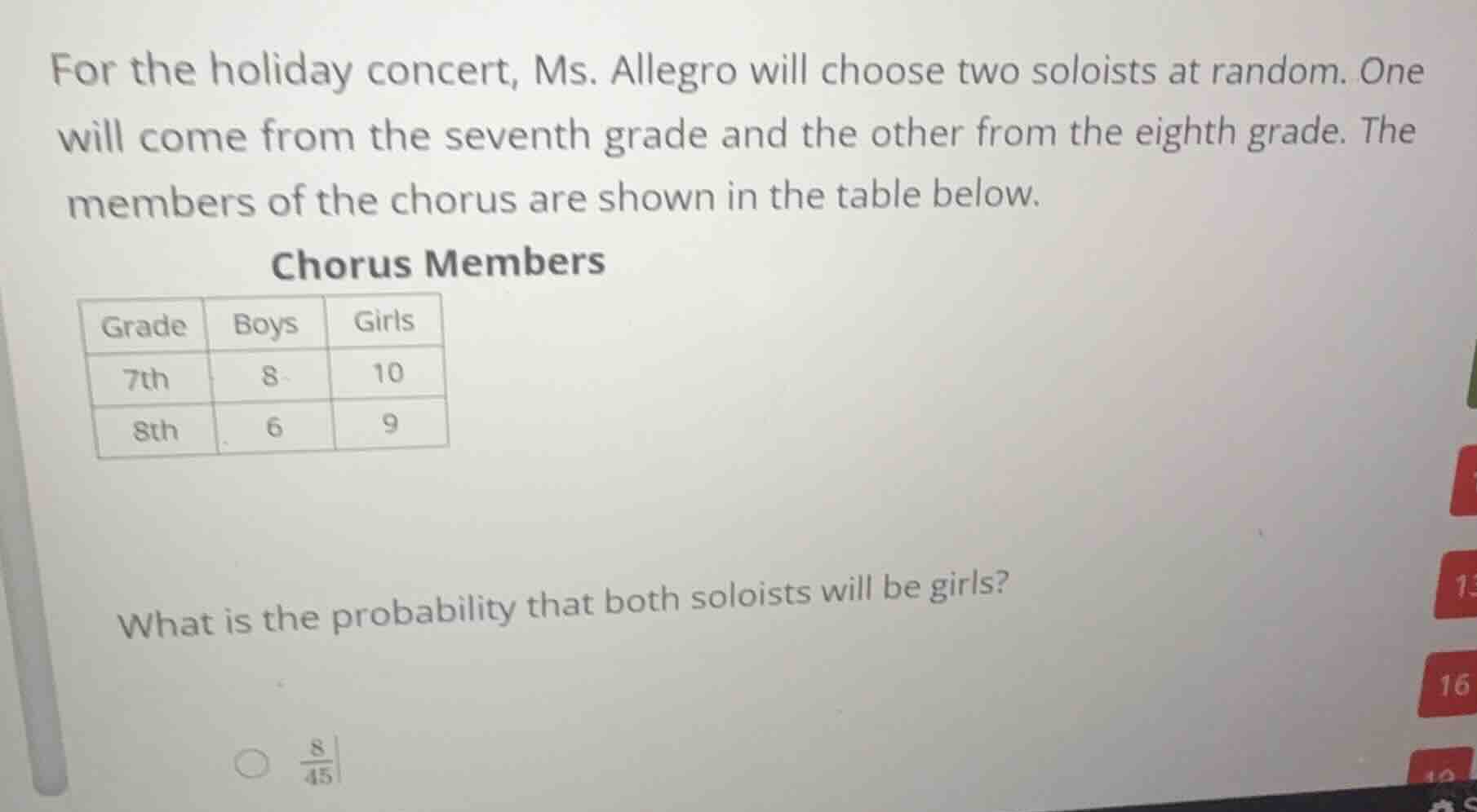 for the holiday concert, ms. allegro will choose two soloists at random…