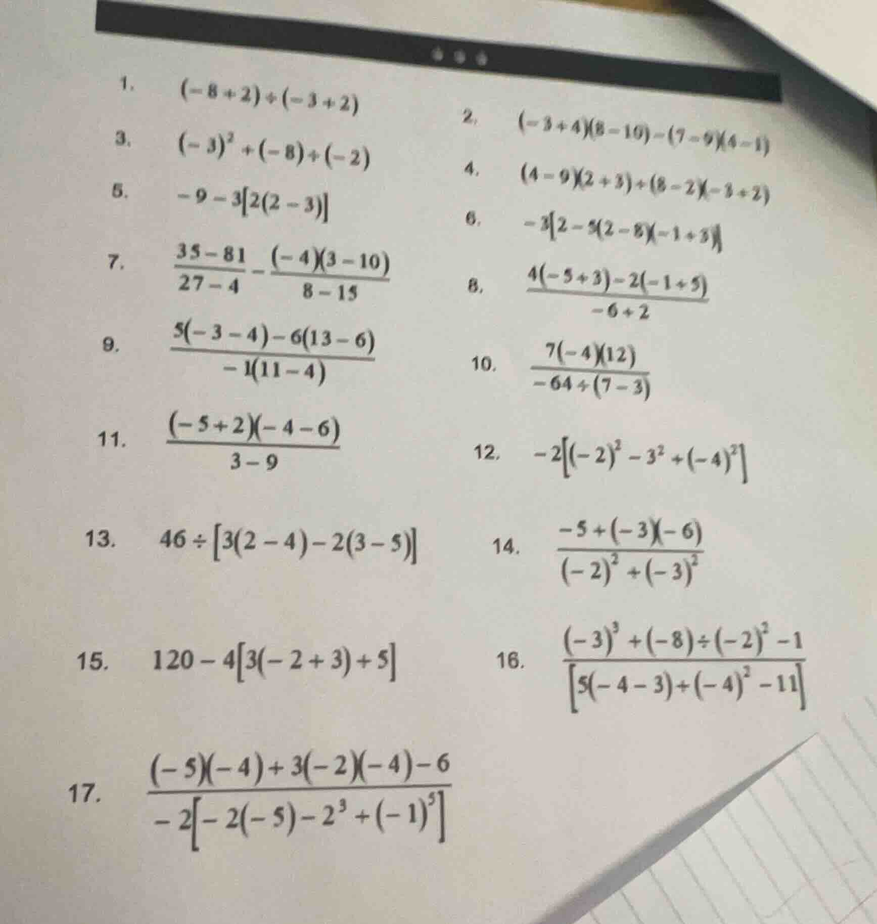 1. \\((-8+2)\\div(-3+2)\\) 2. \\((-3+4)(8-10)-(7-9)(4-1)\\) 3. \\((-3)^…