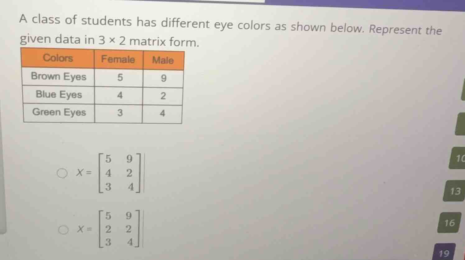 a class of students has different eye colors as shown below. represent …