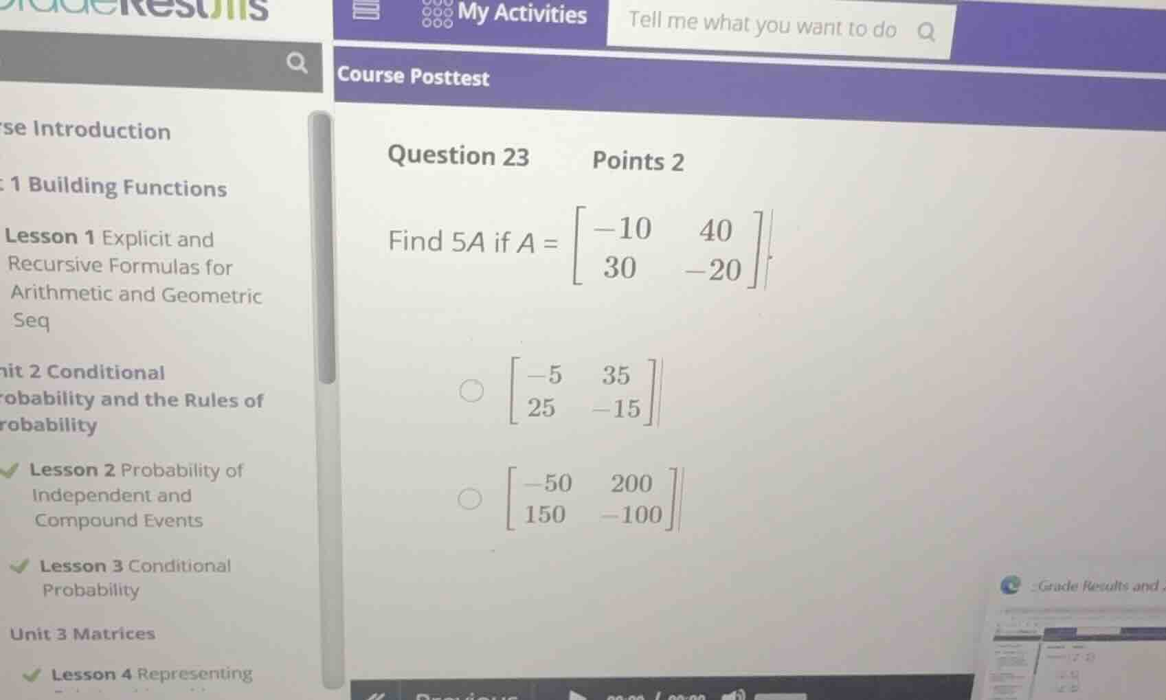 question 23 points 2 find \\(5a\\) if \\(a = \\begin{bmatrix} -10 & 40 …